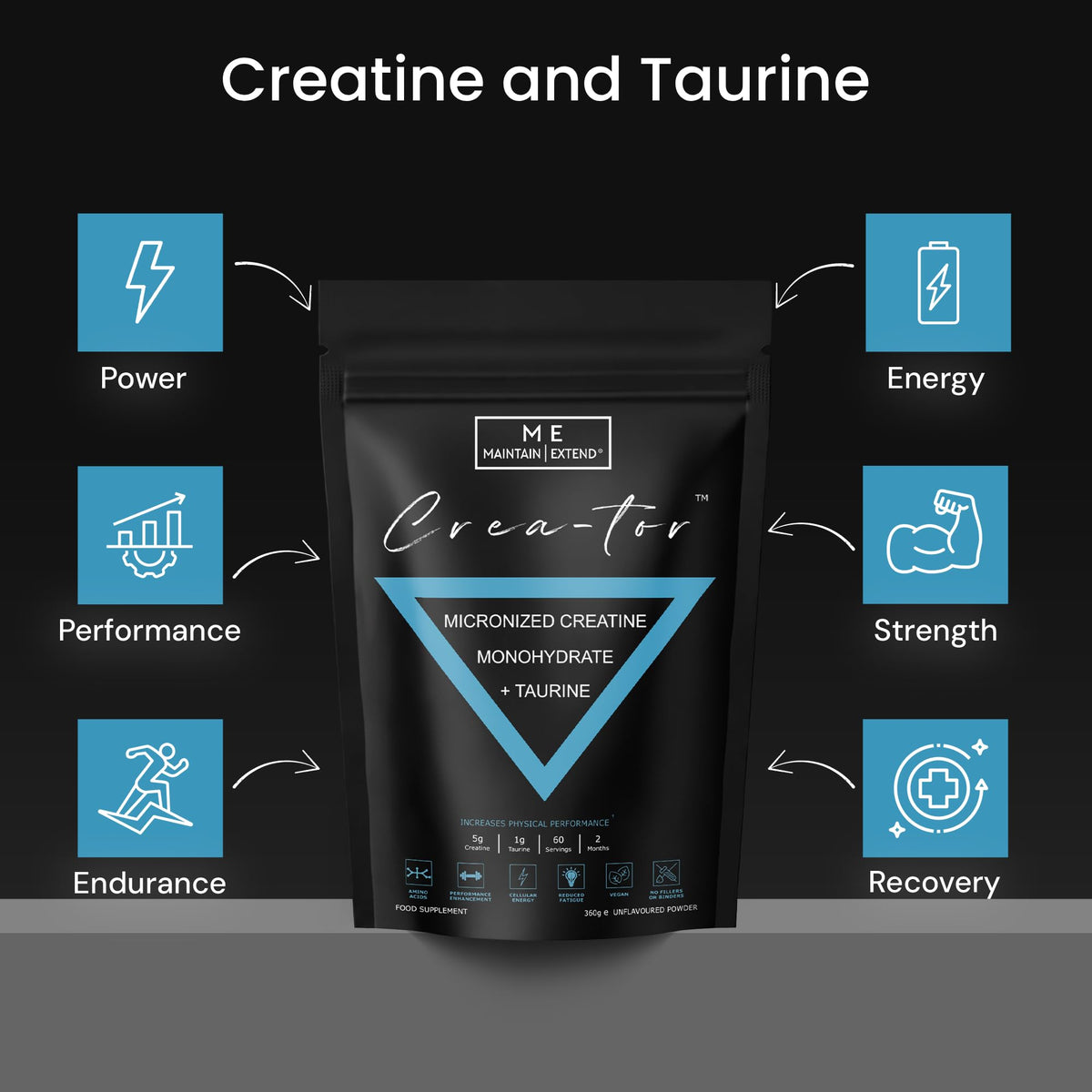 ME MAINTAIN | EXTEND Creatine Monohydrate Powder with Taurine 360g, Micronized Vegan 60 Servings
