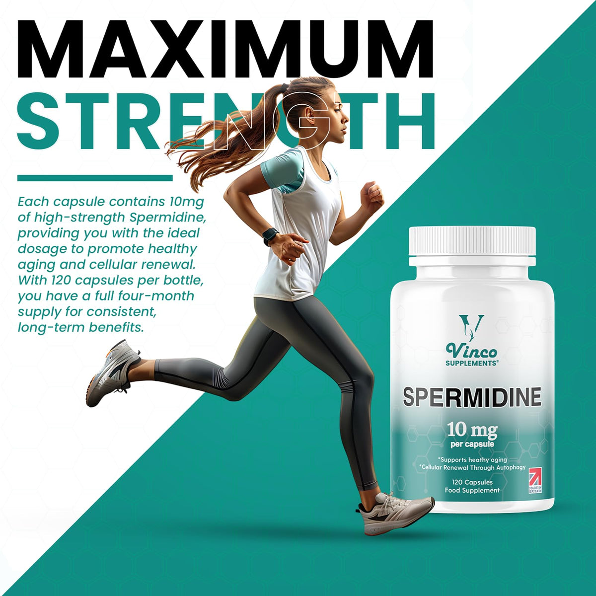 Vinco Supplements Vinco Spermidine Supplement - 10mg x 120 High Strength Spermidine Capsules - 99% Purity - Supports Healthy Ageing & Longevity - Non GMO & Gluten Free - Made in The UK