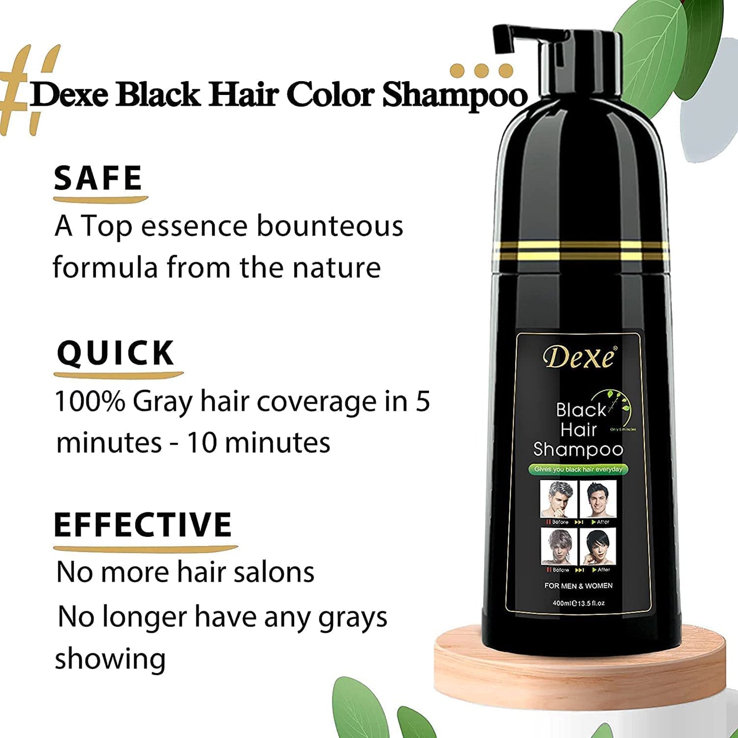 Dexe Black Hair Shampoo 400 ML Instant Hair Darkening Dye for Men Women Black Color - Easy to Use - Lasts 30 Days - Fast Acting Natural Ingredients
