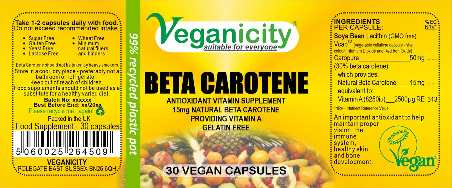 Veganicity Beta Carotene 15mg : Vitamin A Supplement : 30 Capsules