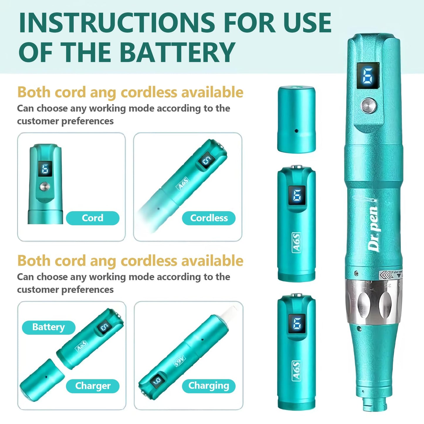 Lazzybeauty Dr.pen Microneedling, Professional Microneedling Pen A6S, Electric Wireless Micro Derma Machine with 12Pcs 16 Pin & 10Pcs 36 Pin Replacement Cartridges Needles, Skin Care Kit for Face and Body