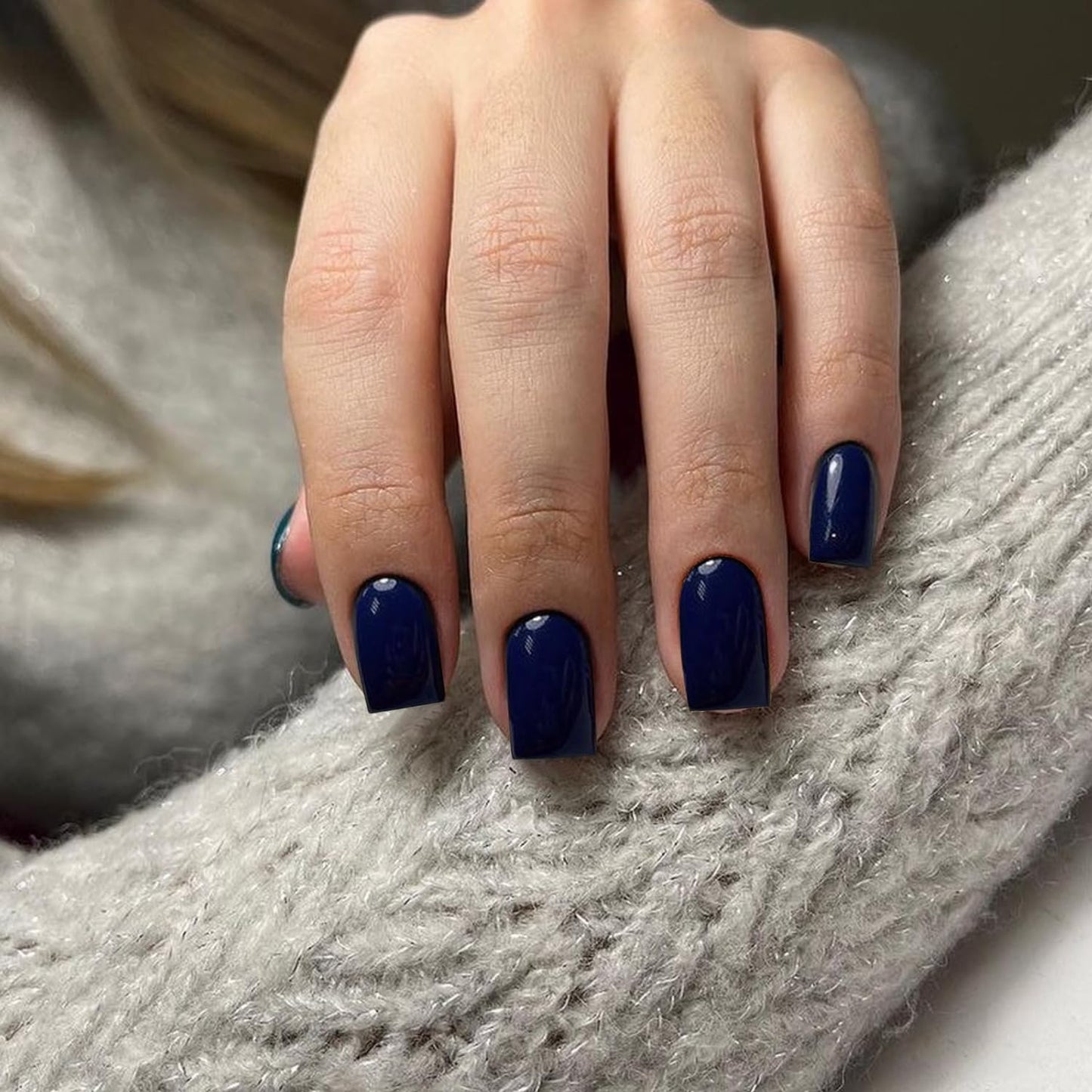 KQueenest Acrylic Press on Nails Short Square, Dark Blue False Nails Short Coffin, Glossy Natural Solid Color Small Fake Nails Set, Reusable Gel Stick on Nail for Women Finger Daily Wear 24 Pcs