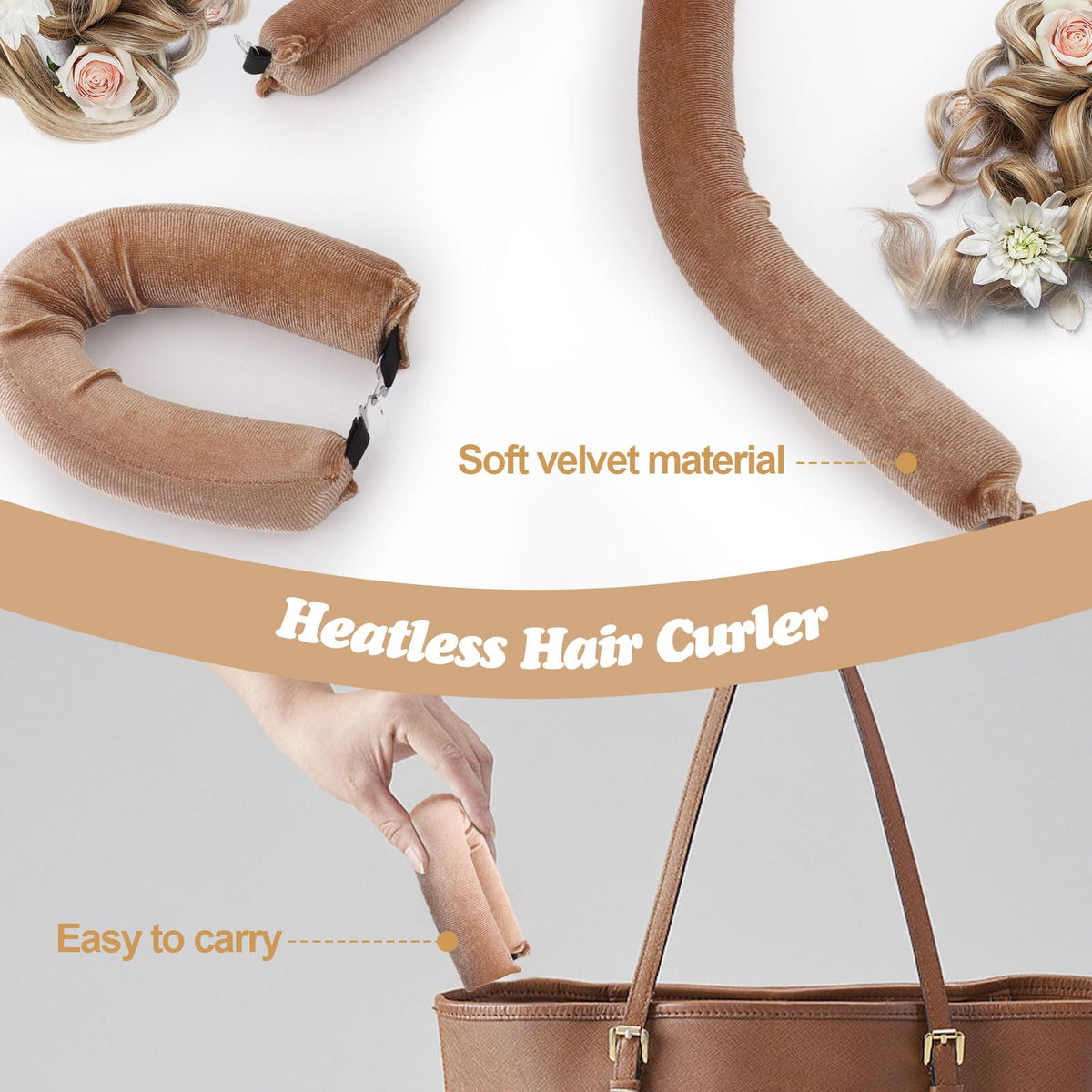 WALLFID 3Pcs Overnight No Heat Hair Curls,with Square Head Scarf for Women,Jumbo Flexi Rods for Long Hair,Heatless Curling Set for Hair Wrapping and Sleeping at Night (Bonnet,Champagne)