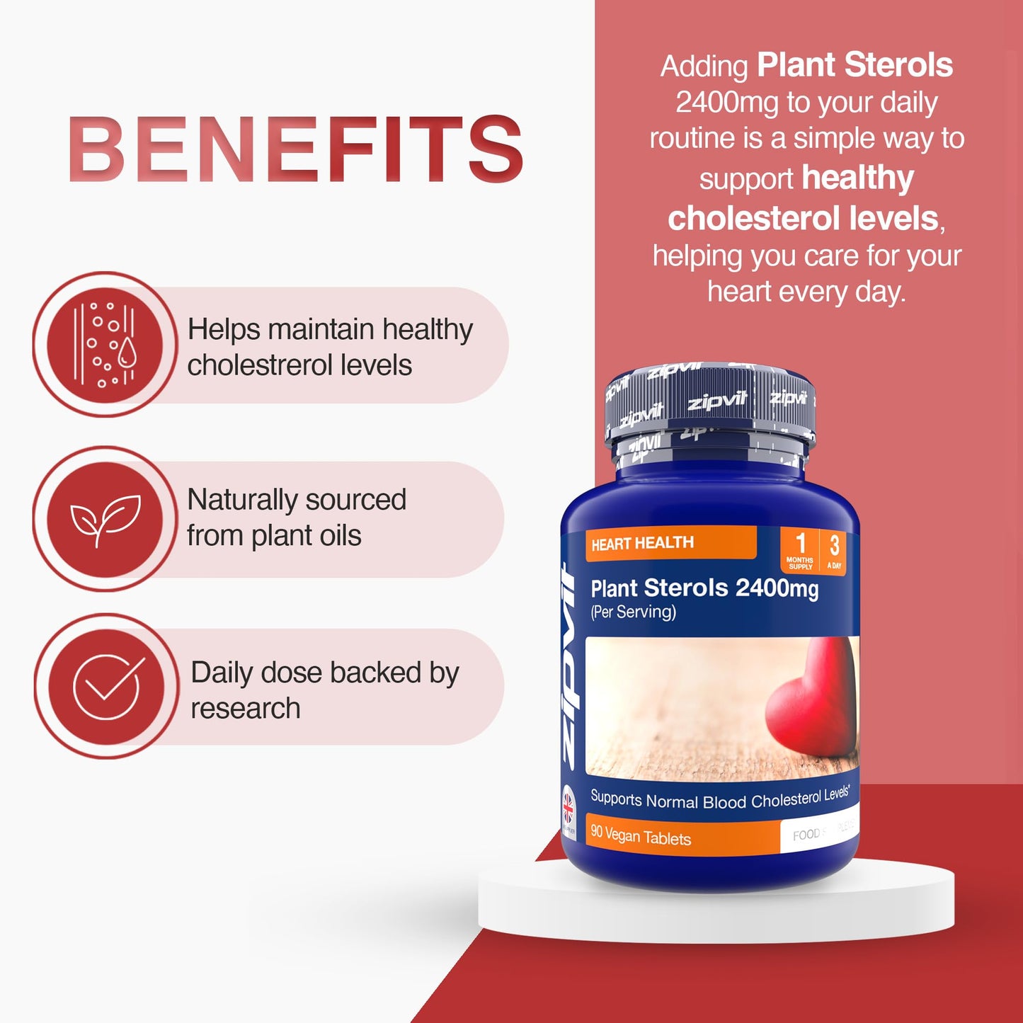 Zipvit Plant Sterols High Strength 2400mg, 90 Vegan Tablets, Supports Maintenance of Normal Blood Cholesterol, Vegan and Vegetarian Friendly