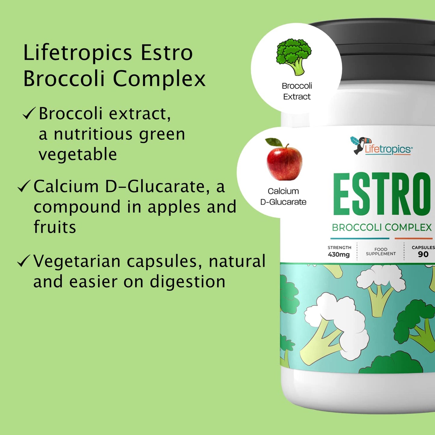 Lifetropics Estro Broccoli Complex | Broccoli Powered Estrogen Blocker | with Broccoli, Calcium D Glucarate | Natural Food Supplement | 90 Vegecapsules