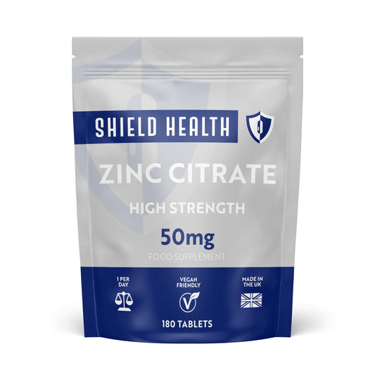 Shield Health Zinc 50mg High Strength - 180 Zinc Tablets (6 Month Supply) High Strength Zinc Supplements Contributes Towards Immune Function and Maintenance of Healthy Bones, Vision, Hair, Nails and Skin UK Made