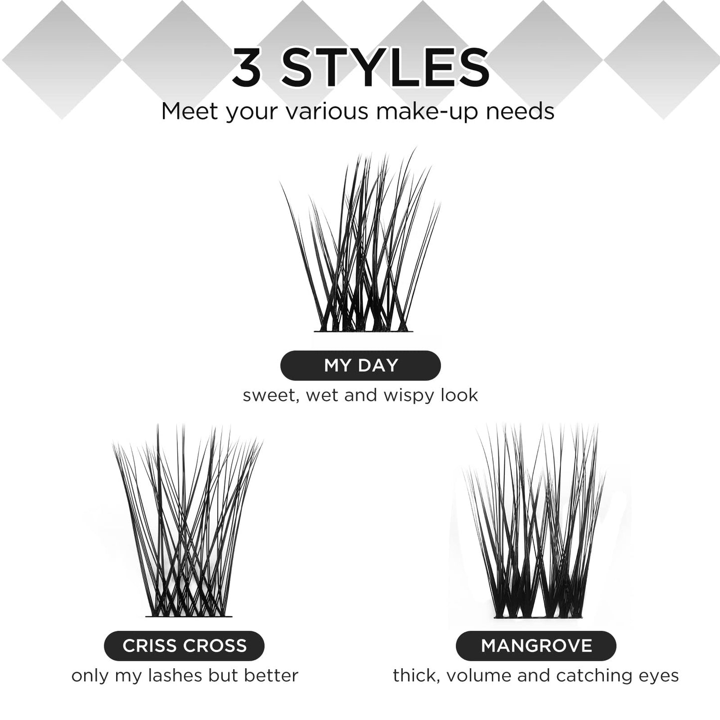LASHVIEW Cluster Lashes,DIY Eyelash Extension 3D Extended Natural Look Reusable Glue Bonded Black Super Thin Band 24 Lash Clusters(0.07 12mm Black Band-CRISS CROSS)