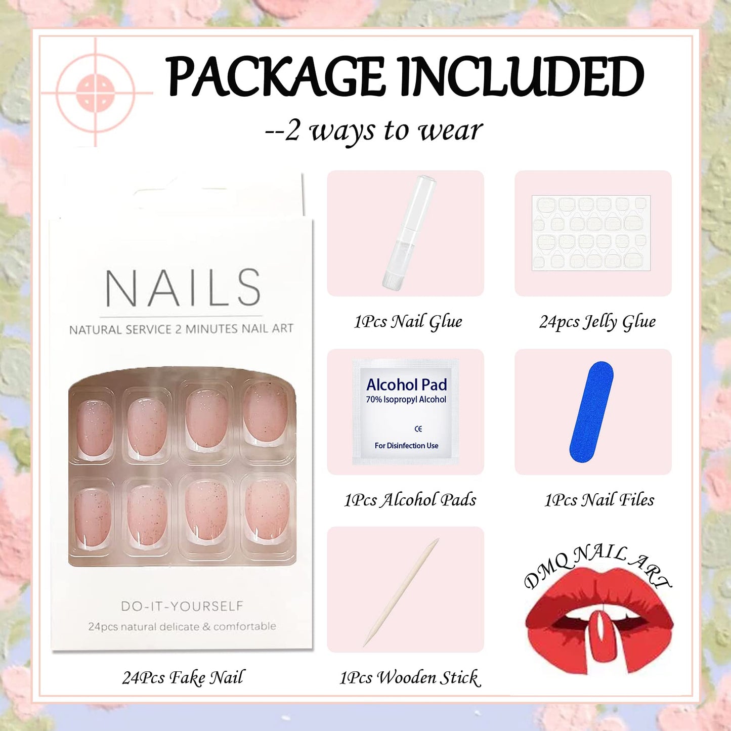 DMQ French False Nails Short, 24Pcs White French Fake Nails, Square Press on Nails Pattern, Glitter French Nail Tips with Nail Glue, Squoval Stick on Nails for Women Girls Nails Art (Glitter)
