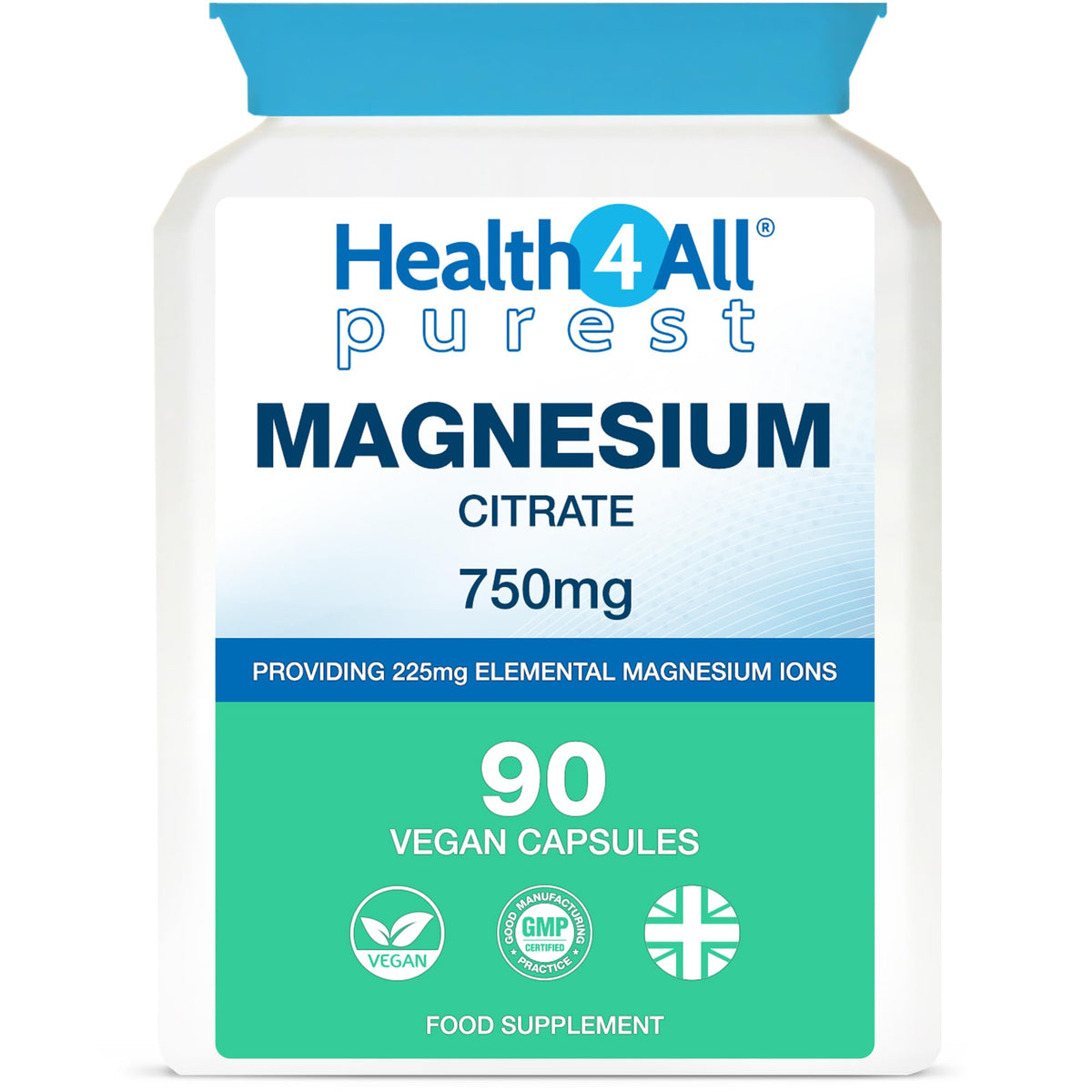 Health4All Magnesium Citrate 750mg 90 Capsules, High Strength 225mg Elemental Mg
