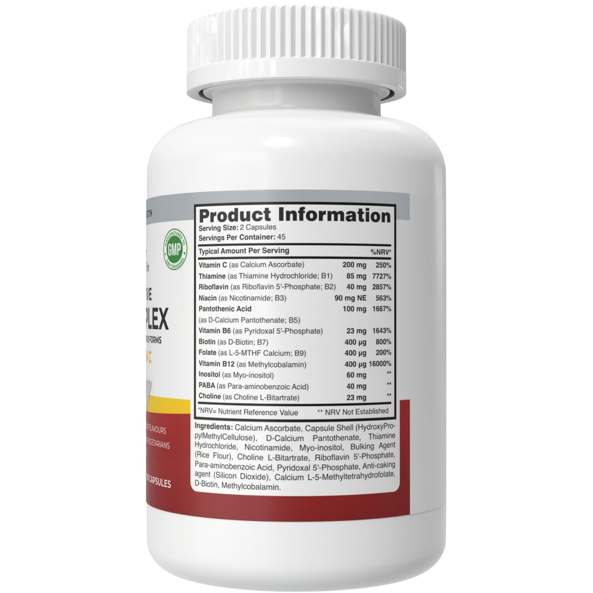 Supplement Tree Bioactive B Complex with Vitamin C – Methylated B12, Folate (5-MTHF), B6 P5P, PABA, Choline, Inositol – High Strength, 90 Vegan Capsules – Non-GMO