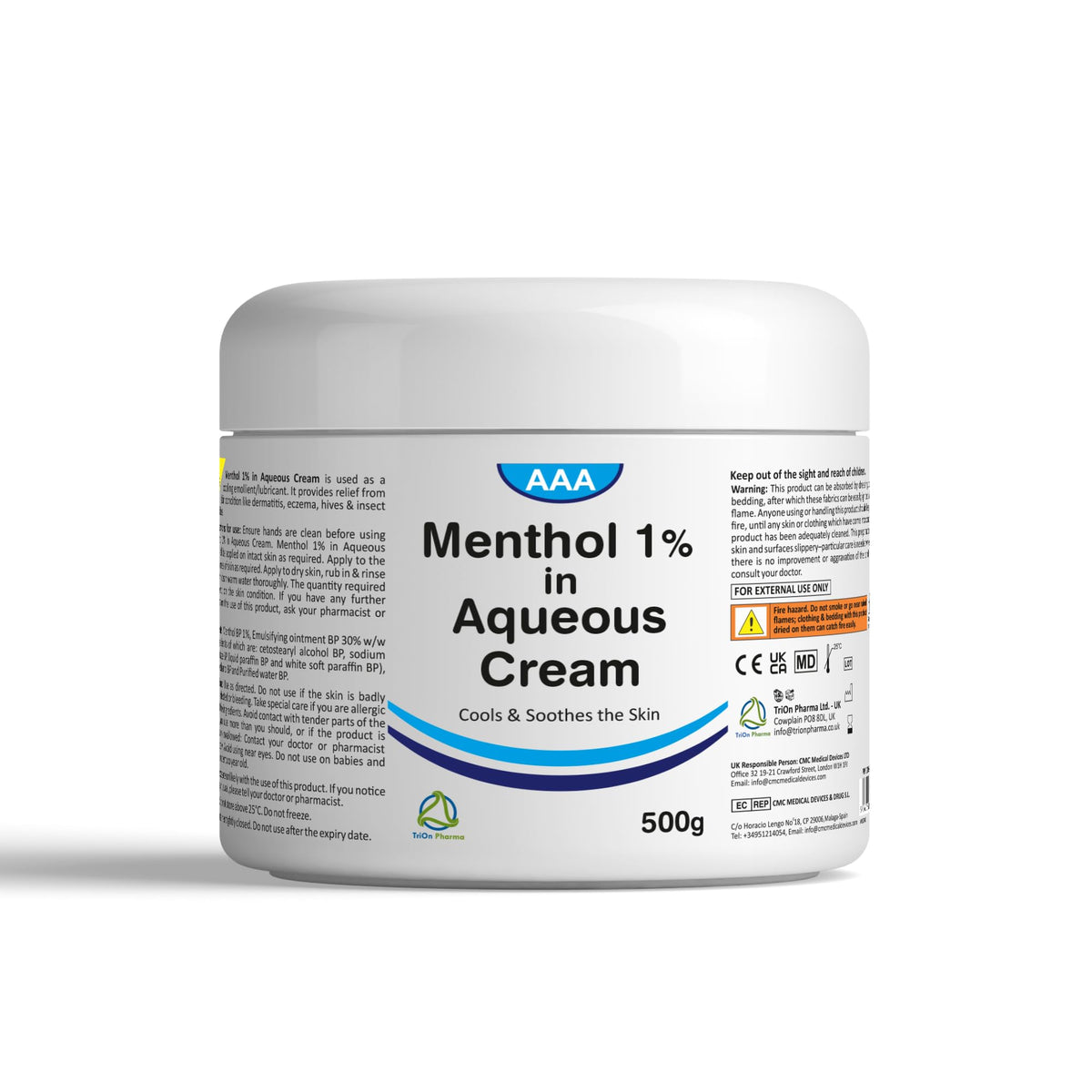 TriOn Pharma Aqueous Cream with Menthol 1% - 500g | Cooling Emollient for Softening & Soothing Skin | External Skin Cleansing Agent