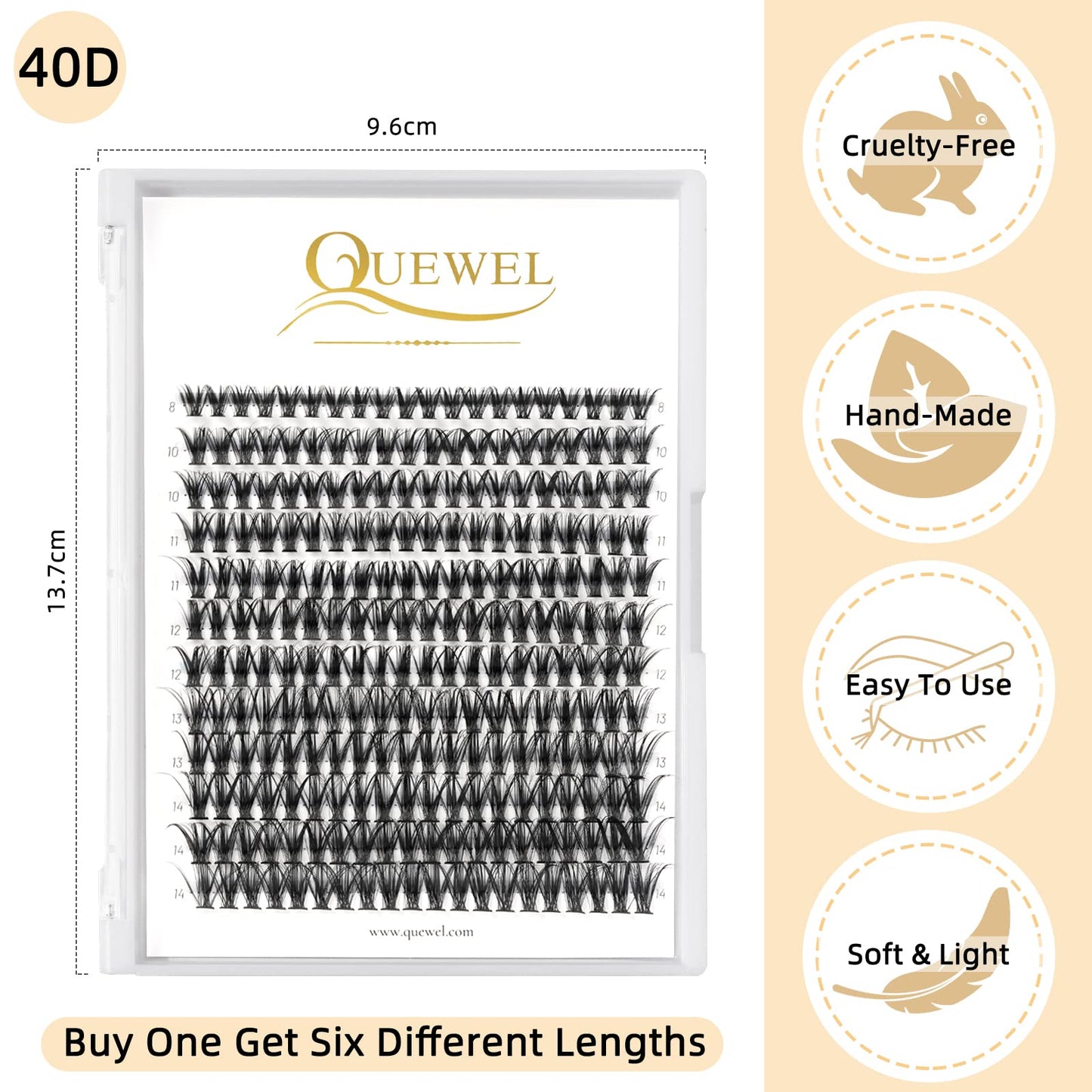 240Pcs Individual Lashes QUEWEL Cluster Lashes Individual Lash Extension 40D D Curl Lashes Cluster DIY Look Like Eyelash Extensions Mix8-14mm at Home(40D 0.07D MIX8-14mm)