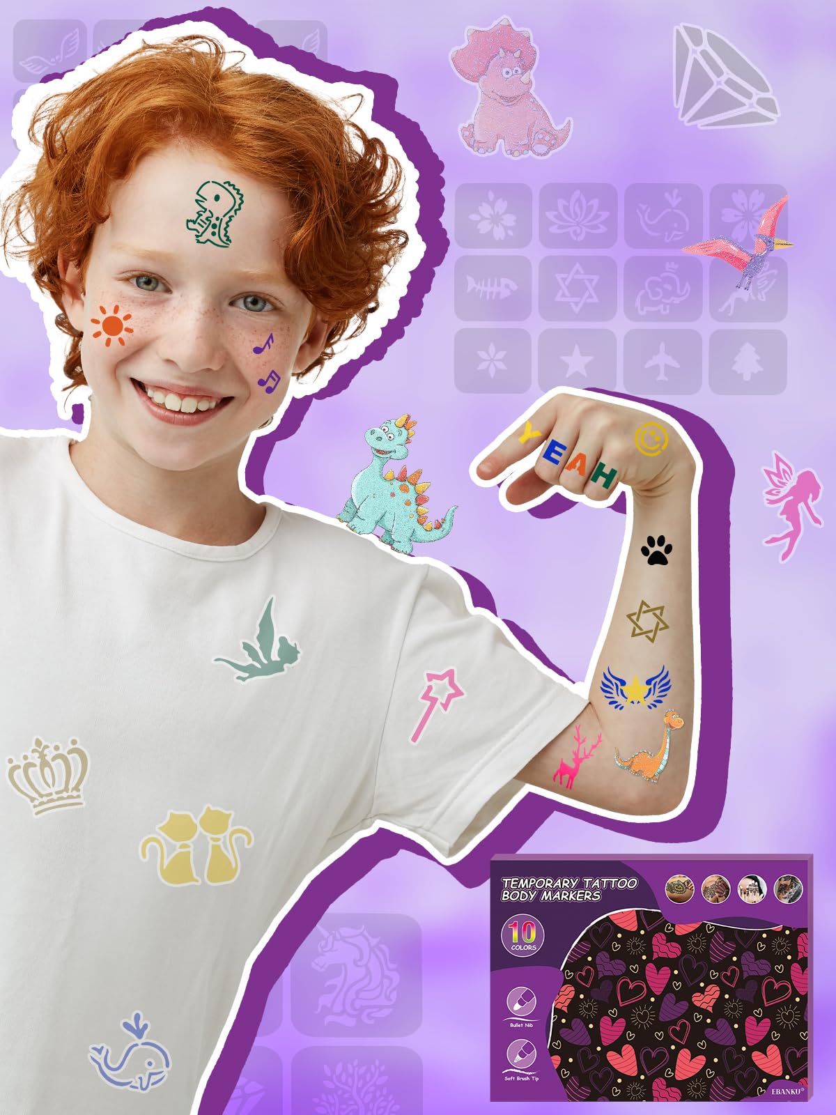 EBANKU 10PCS Temporary Tattoo Pens, Body Tattoo Markers for Skin Dual Tip Tattoo Pen for Thick and Thin Lines With 14 Tattoo Stencils and 10 Dinosaur Stickers for Kids
