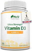 Nu U Nutrition - Vitamin D 4000IU - 365 Softgel Capsules not Tablets - 1 Year Supply - Quadruple Strength - Easy to Swallow - Cholecalciferol Form Vitamin D3 Supplement - Made in the UK
