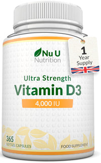 Nu U Nutrition - Vitamin D 4000IU - 365 Softgel Capsules not Tablets - 1 Year Supply - Quadruple Strength - Easy to Swallow - Cholecalciferol Form Vitamin D3 Supplement - Made in the UK