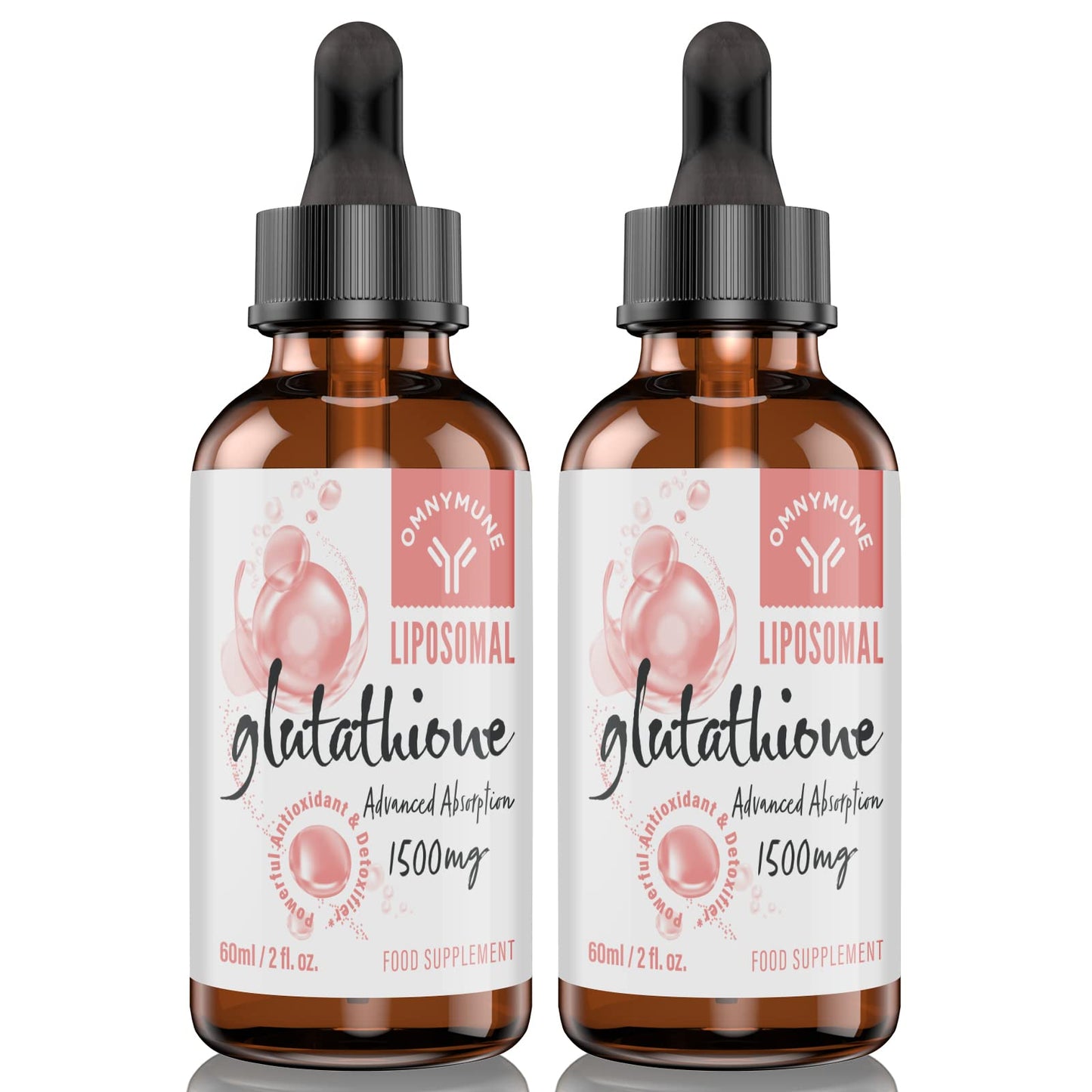 Omnymune Liposomal Glutathione 1500mg, Oral Glutathione Liquid, Antioxidant Supplement for Detox, Anti-Aging, Immune Support, Brain Function and Skin Health, Superior Absorption (Pack of 2)