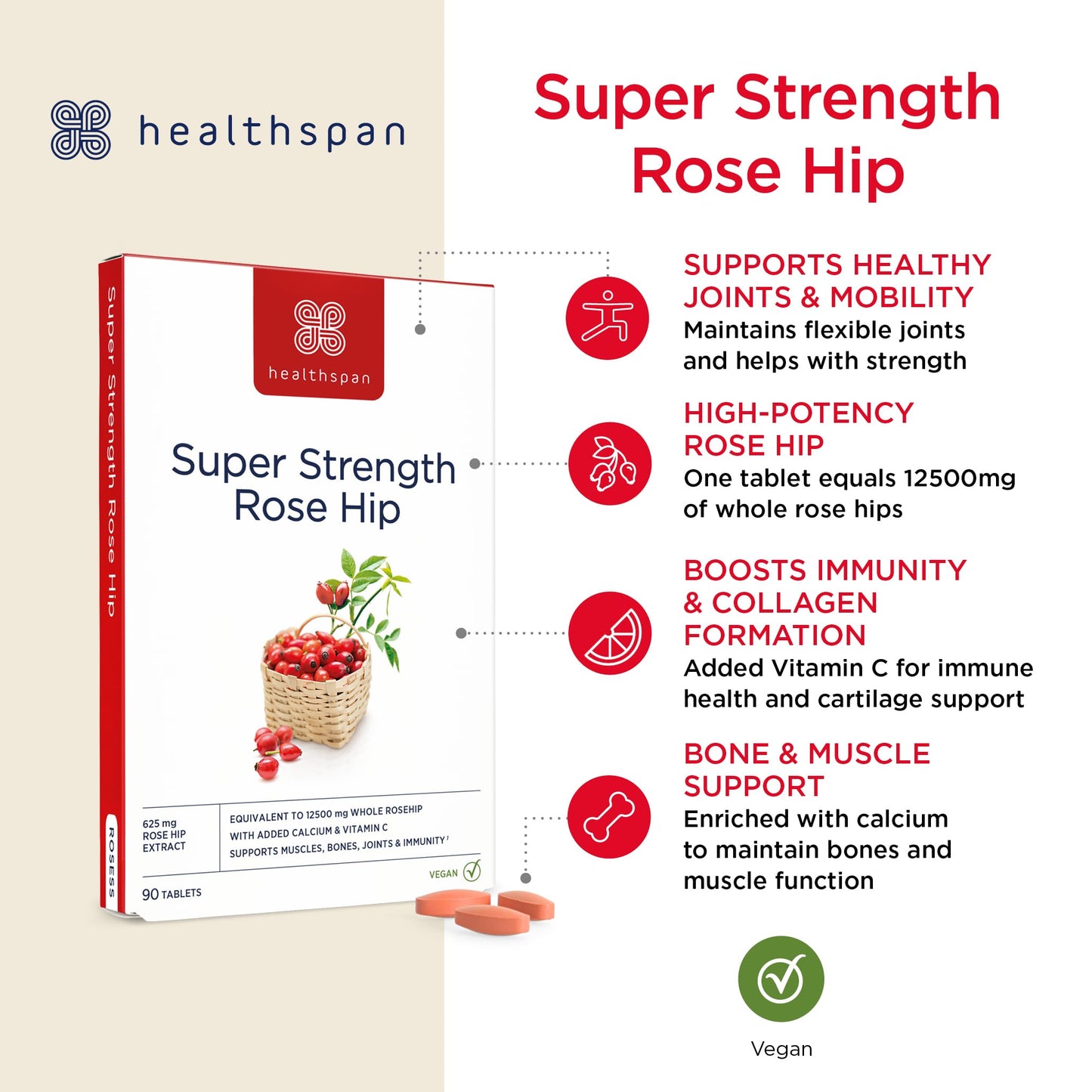 Healthspan Rose Hip 12,500mg (90 Tablets) | Supports Joint & Immune Health | Helps Maintain Flexible Joints | Added Vitamin C & Calcium | Fatty Acids | Flavonoids | Vegan