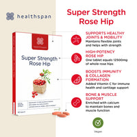 Healthspan Rose Hip 12,500mg (90 Tablets) | Supports Joint & Immune Health | Helps Maintain Flexible Joints | Added Vitamin C & Calcium | Fatty Acids | Flavonoids | Vegan