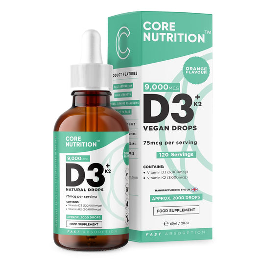 Vitamin D3 + K2 Liquid Drops by Core Nutrition - Vegan - High Strength 2000iu D3 + 25mcg K2-2 Month Supply - 120 Servings - 9,000mcg 60ml Bottle - Made in UK
