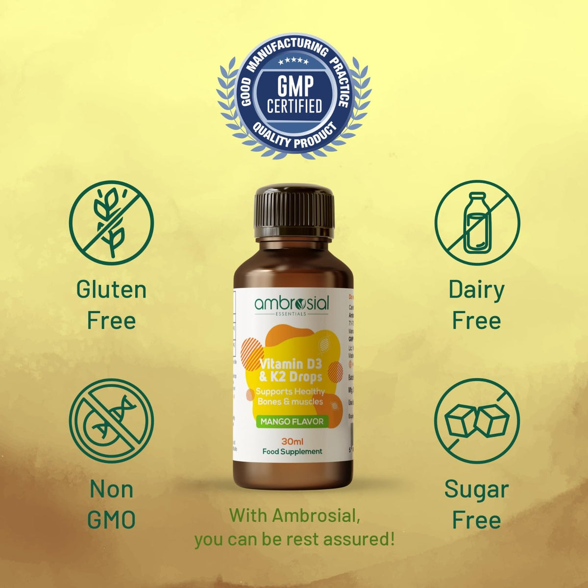 AMBROSIAL Ambrosial Vitamin D3 + K2 Drops – High Strength Liquid Supplement for Adults & Kids – 500 IU Vitamin D3 + 50 mcg Vitamin K2 – Mango Flavour, Gluten Free, Non-GMO, Easy-to-Take Vitamin D Liquid – 30 ml