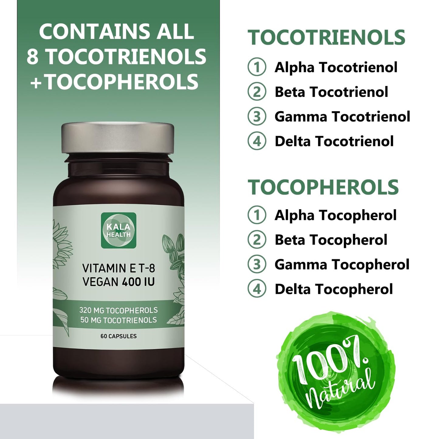 Kala Health Vitamin E - All 8 Tocopherols + Tocotrienols 400 IU Vegan - Alpha Tocopherol/Tocotrienol + Beta Tocopherol/Tocotrienol + Gamma Tocopherol/Tocotrienol + Delta Tocopherol/Tocotrienol