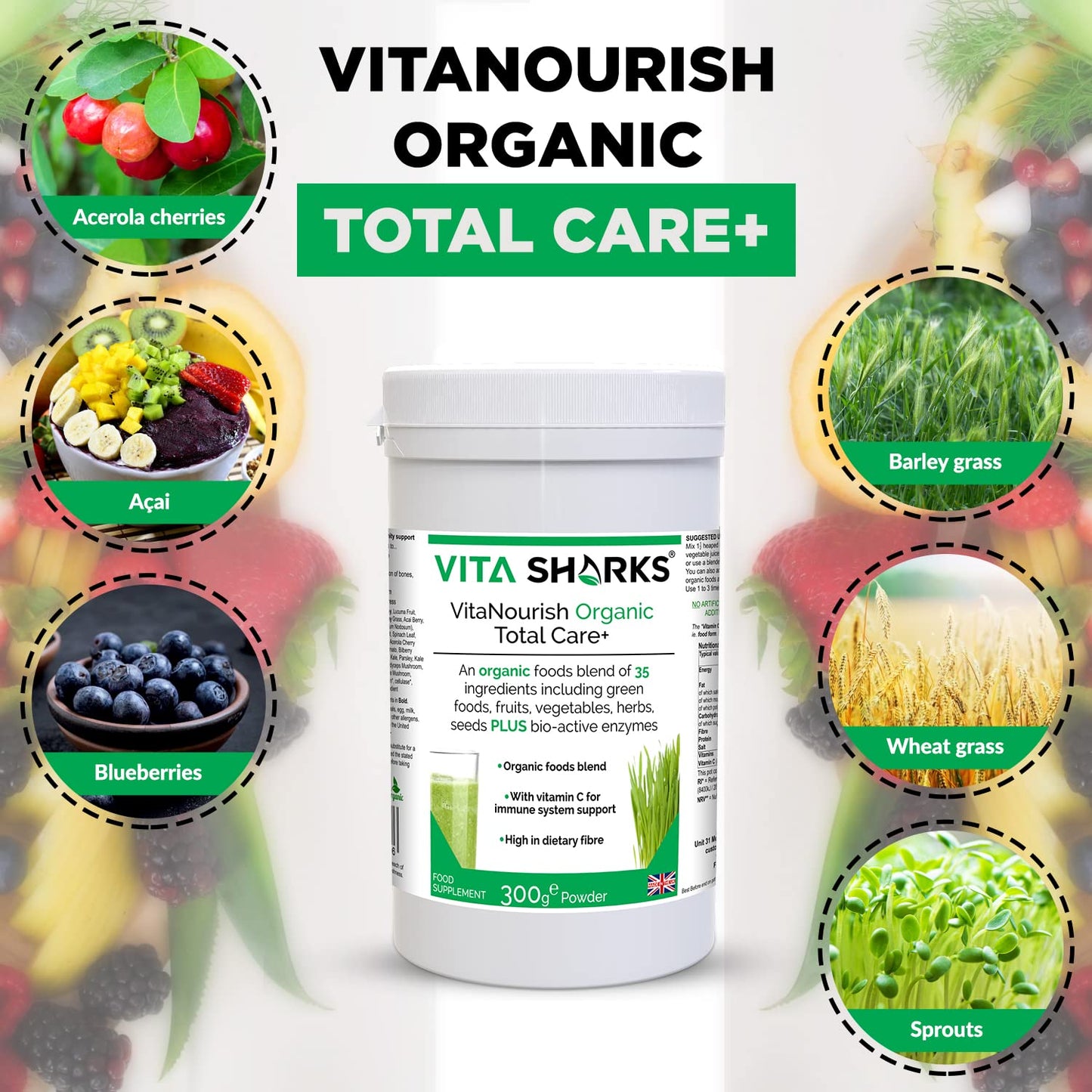 Vita Sharks VitaNourish Organic Total Care+ Vitamin C. 300g Complete Vegan Immune Boosting, Alkalising Nourishment Complex. Bio Active Enzymes for Absolute Detoxification & Digestion Support.