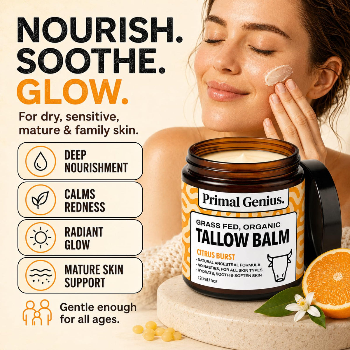 Primal Genius Tallow Balm Citrus Burst Grass Fed Organic Beef Tallow Skincare, 120ml
