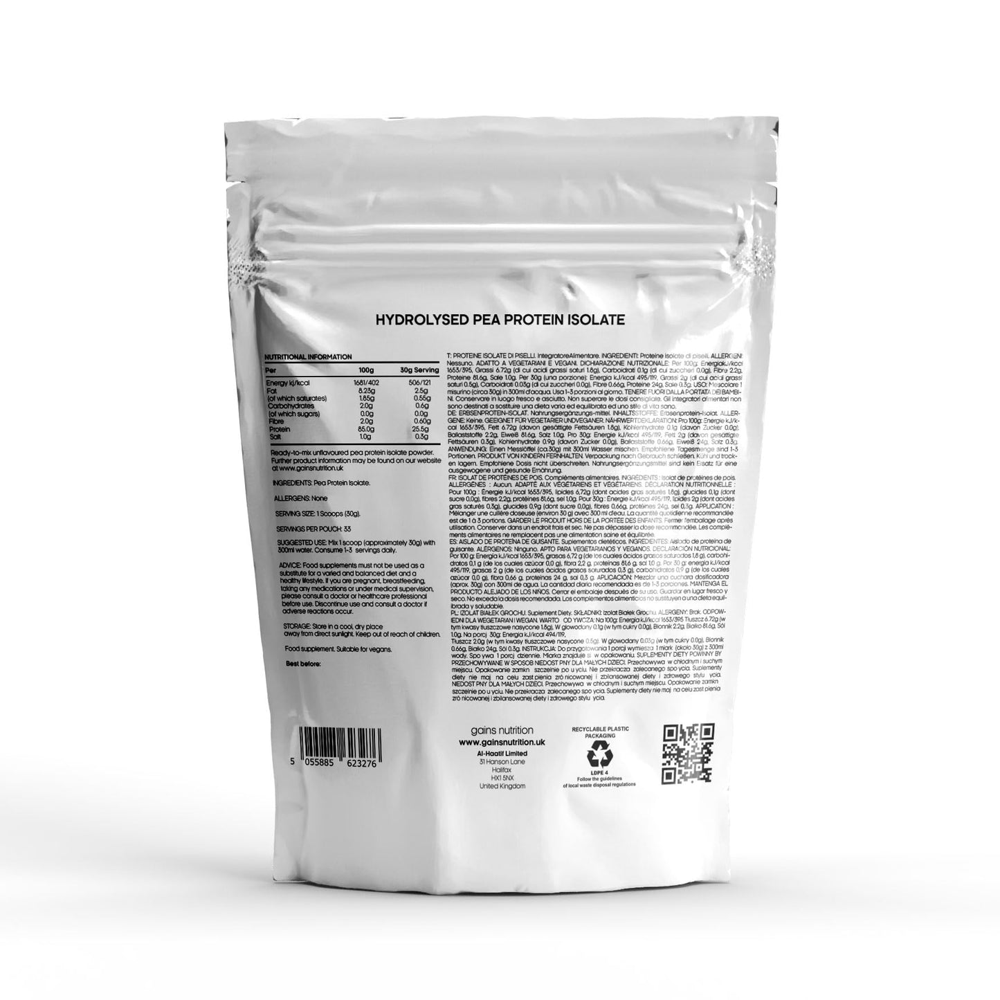 Gains Nutrition GN Vegan Hydro Pro Hydrolysed Protein Powder | 1kg Unflavoured Pea Protein Powder - Hydrolysed Plant Based Protein Powder | 25g Vegan Protein per Serving | Pea Protein Isolate | Non-GMO & Gluten Free