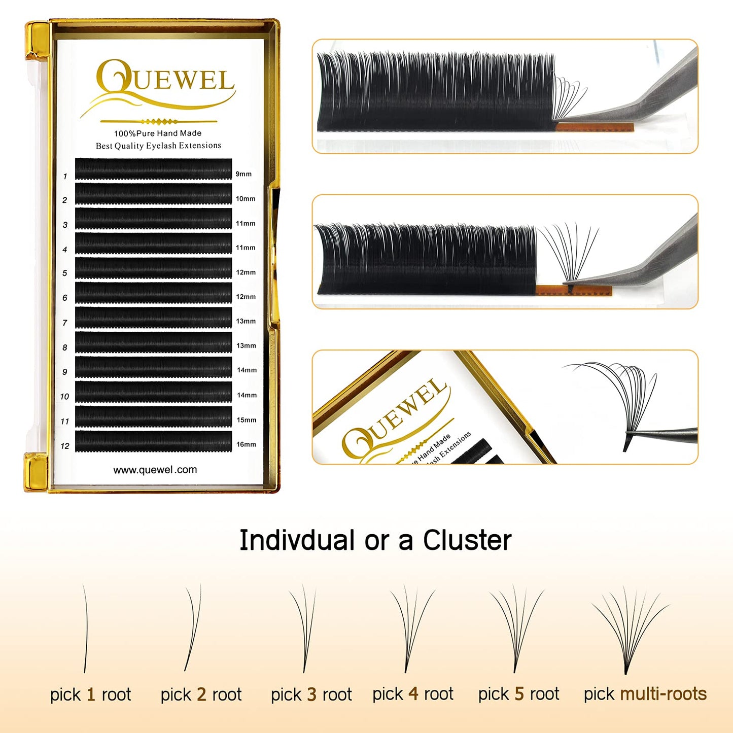 QUEWEL Easy Fan Lashes 0.05D Curl Mix 9-16mm Easy Fan Russian Lashes 2D-20D Volume Lash Extensions Self Fanning Eyelash Extensions Volume Automatic Blooming (0.05D Mix 9-16)