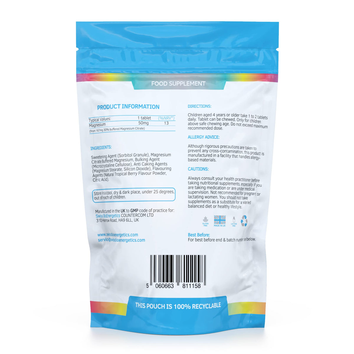 swiss bioenergetics Magnesium Chewable Tablets 50mg – Balanced Dosage for Children from 167mg of Magnesium Citrate – Easily absorbable & Highly bioavailable - Tropical Berry Flavour with no Added Sugar - Vegan & UK Made