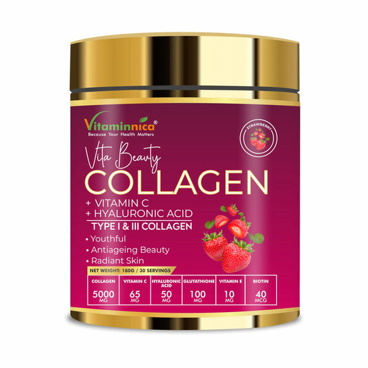 Vitaminnica Because your Health Matters Vitaminnica Vita Beauty Premium Bovine Collagen Powder (Type I & III) with Hyaluronic Acid, Glutathione, Vitamin C, Biotin & Vitamin E | for Glowing Skin & Anti-ageing | 30 Servings (Strawberry)