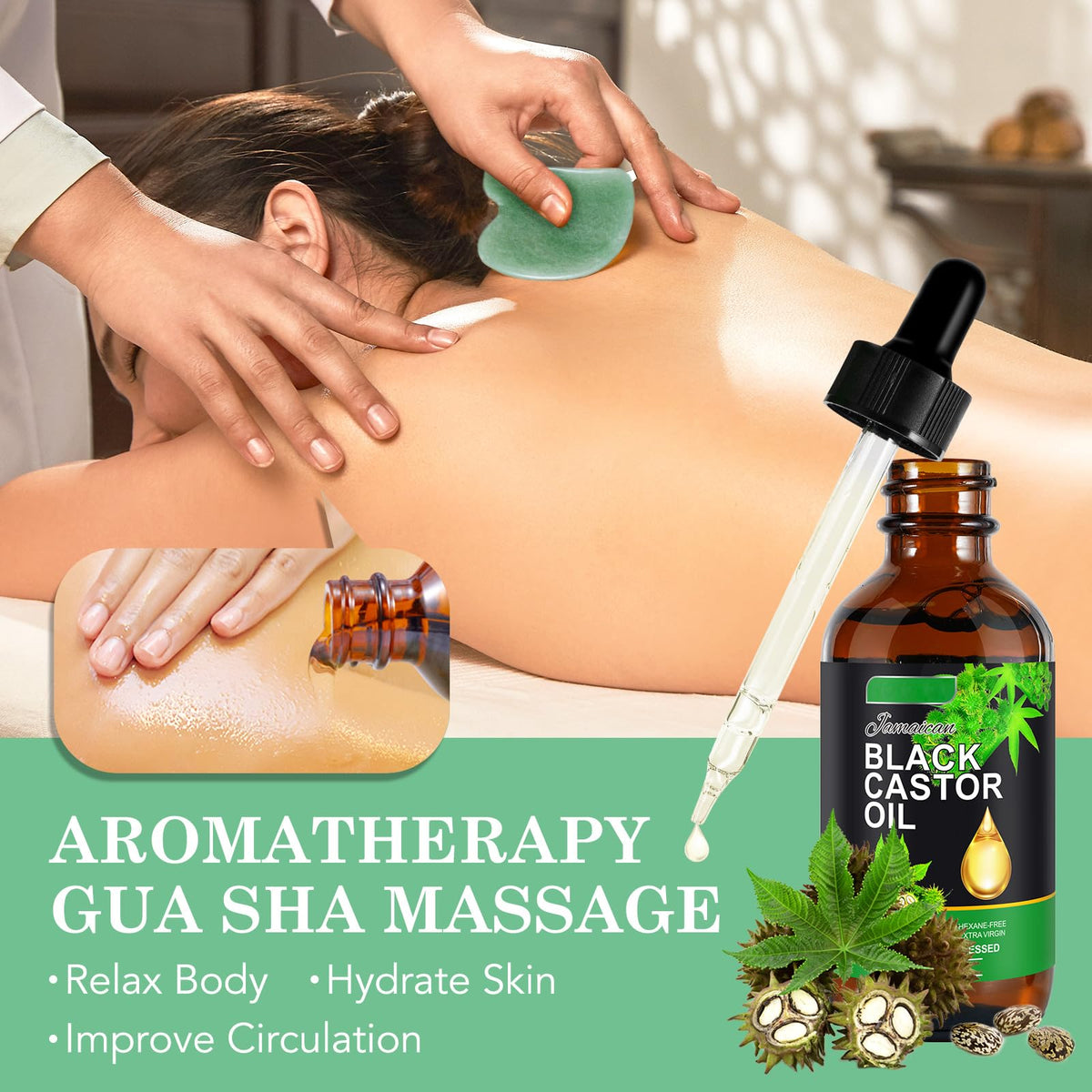 HXTMKT Jamaican Black Castor Oil Pack, Organic Castor Oil with Gua Sha Tool for Face Body Massage, Cold-Pressed Castor Body Oil Moisturize Skin Stimulate Hair Regrowth, Therapeutic Grade Massage Oil Kit 60ml