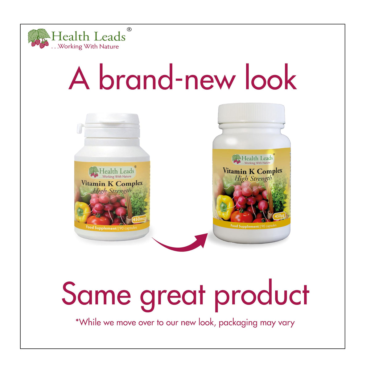 Health Leads ...Working With Nature Vitamin K Complex High Strength Food Supplement 450µg x 90 Capsules, Magnesium Stearate Free, Vitamin K contributes to the Maintenance of Normal Bones & Normal Blood clotting, Made in Wales