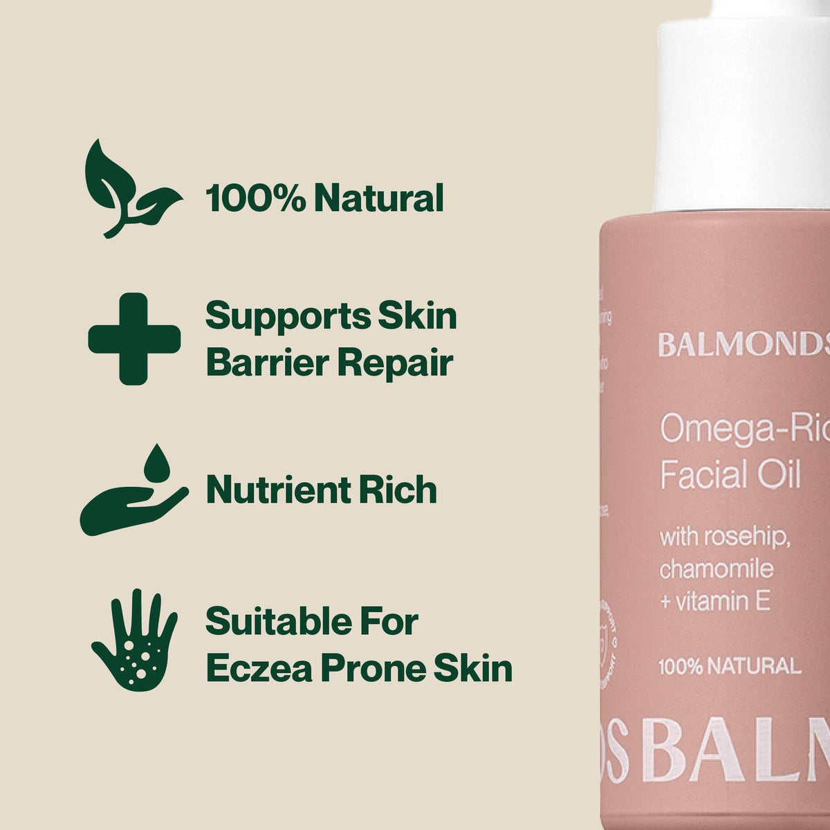 Balmonds Omega Rich Facial Oil 30ml - 100% Natural with Rosehip, Lavender & Vitamin E - Hydrating, Nourishing & Moisturising Serum