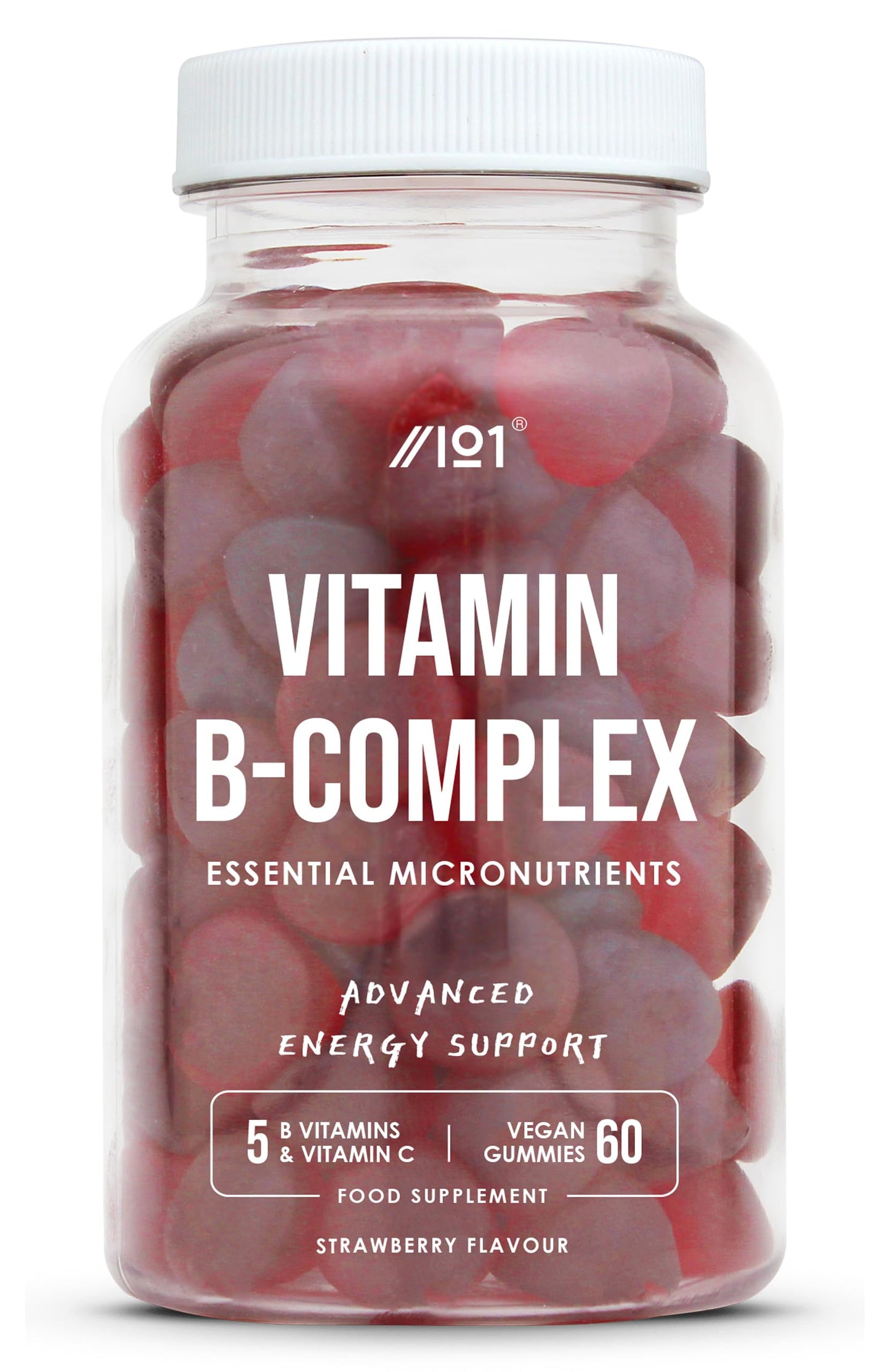 ALPHA01 Vitamin B Complex Gummies - 5 Essential B Vitamins & Vitamin C - 60 Vegan Gummies - Strawberry Flavour - By Alpha01