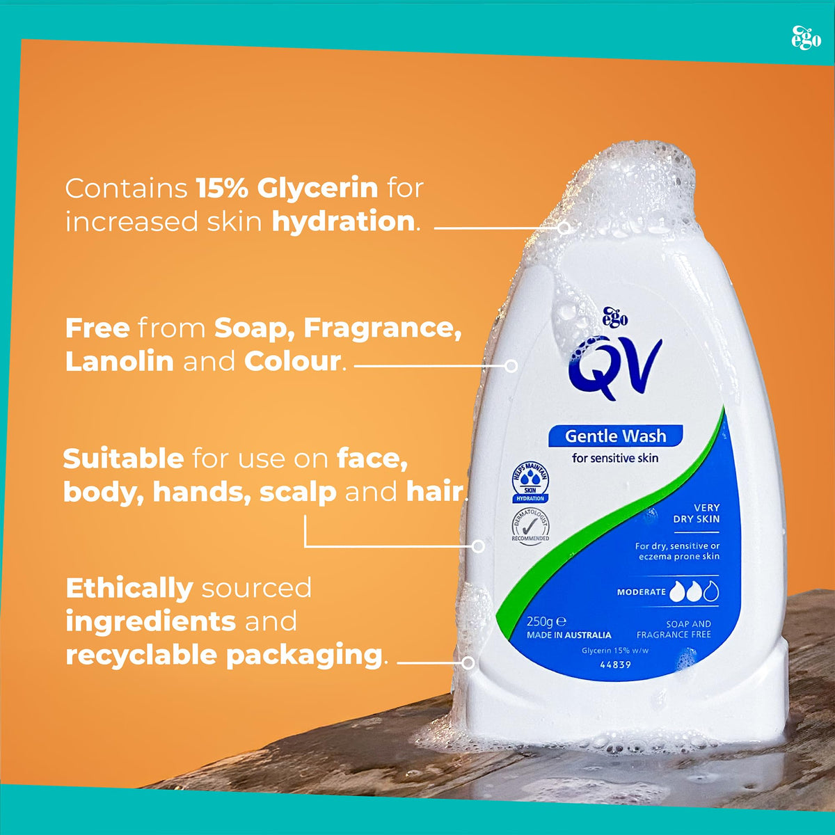 QV Gentle Wash (250g) for Dry, Sensitive Skin, pH Balanced, Unscented, Soap Free Body Wash, Moisturising Soap alternative that lathers for Dry Skin, Eczema, Psoriasis, Dermatitis