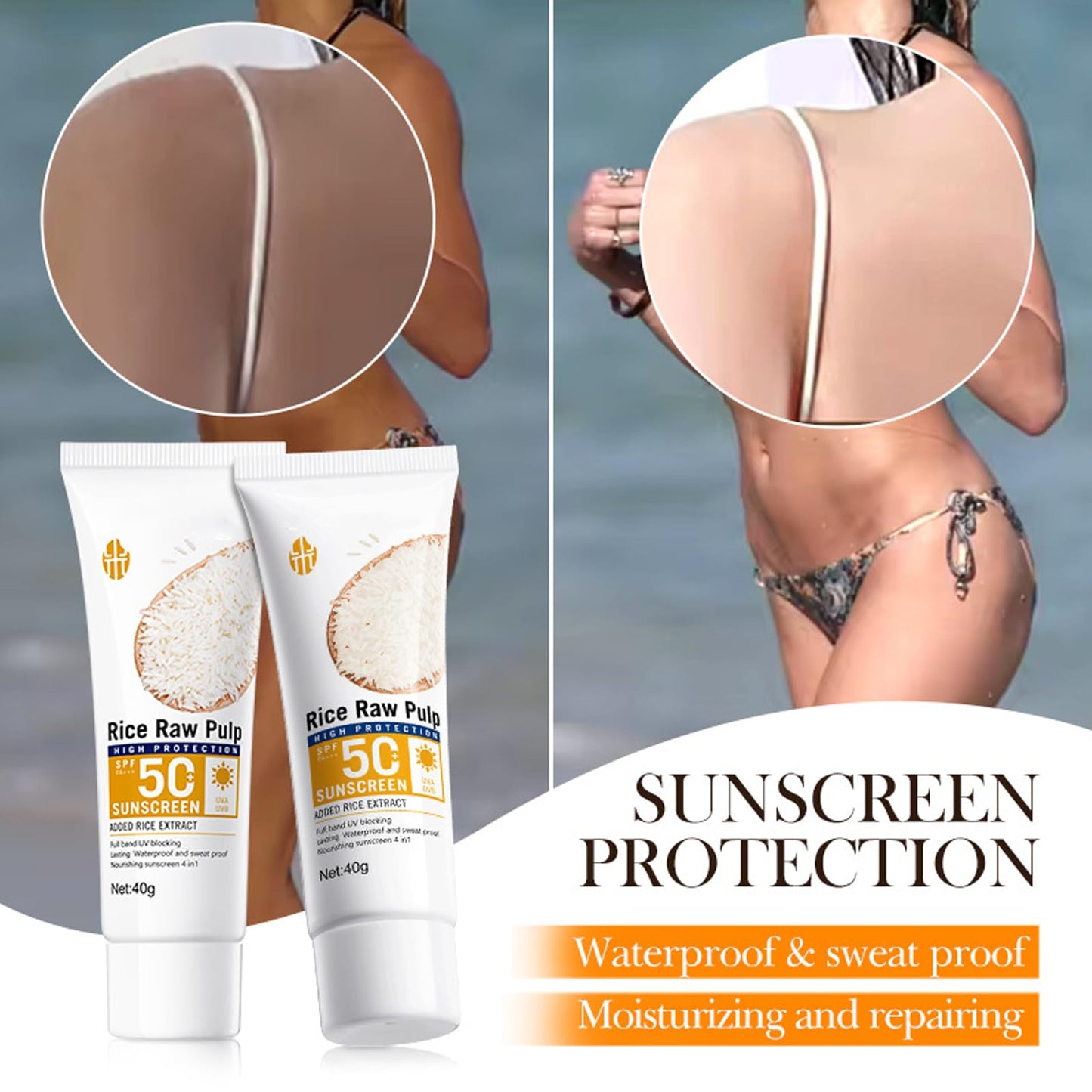 GEEWHILE Rice Sunscreen SPF 50+ Sunscreen with Rice Extracts, Waterproof Moisturizing Sun Cream, UVA&UVB Protection Sun Cream for Protects & Brightens Skin, Reduces Blemishes, Non-Greasy