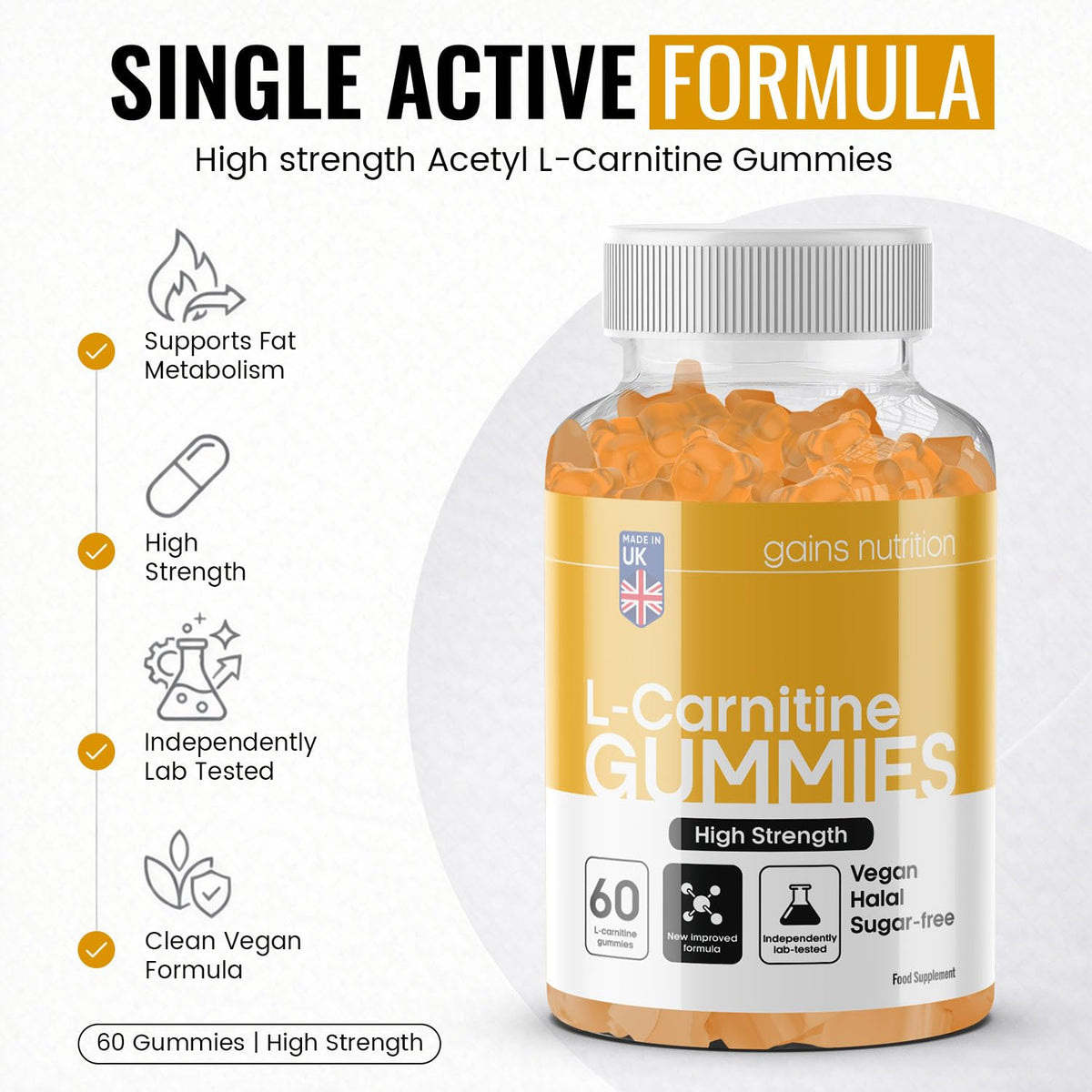 Gains Nutrition GN Acetyl L Carnitine Gummies | 60 L-Carnitine Gummies for Men & Women - High Strength Acetyl-L-Carnitine with Ashwagandha, Vitamins B6, B12 | Mango Flavour, Non-GMO & Suitable for Vegans