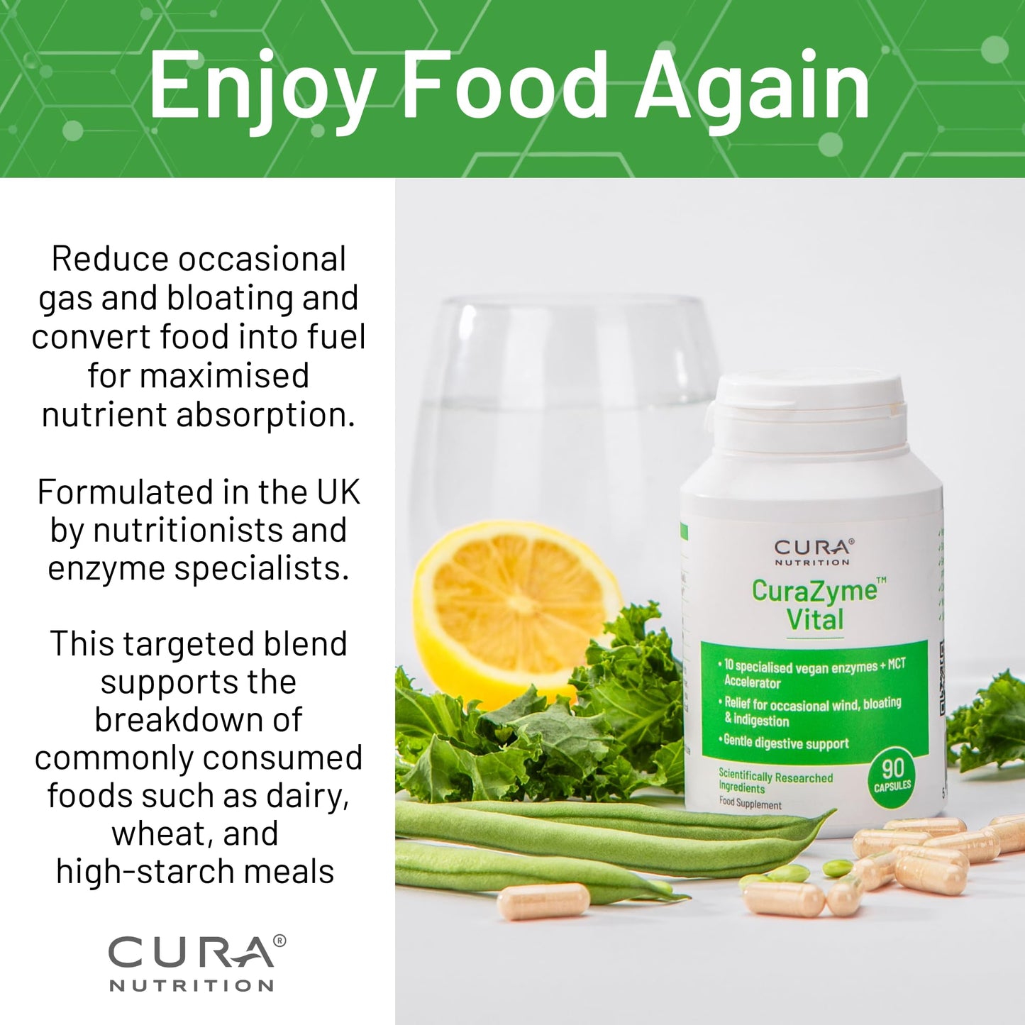 Cura Nutrition CURA NUTRITION CURAZYME Vital (90 Capsules) Digestive Enzymes Supplement for Gut Health Support, Basic Digest Formula for Bloating, Heartburn, Digestion Relief, Ideal for Sensitive Stomachs, Vegan