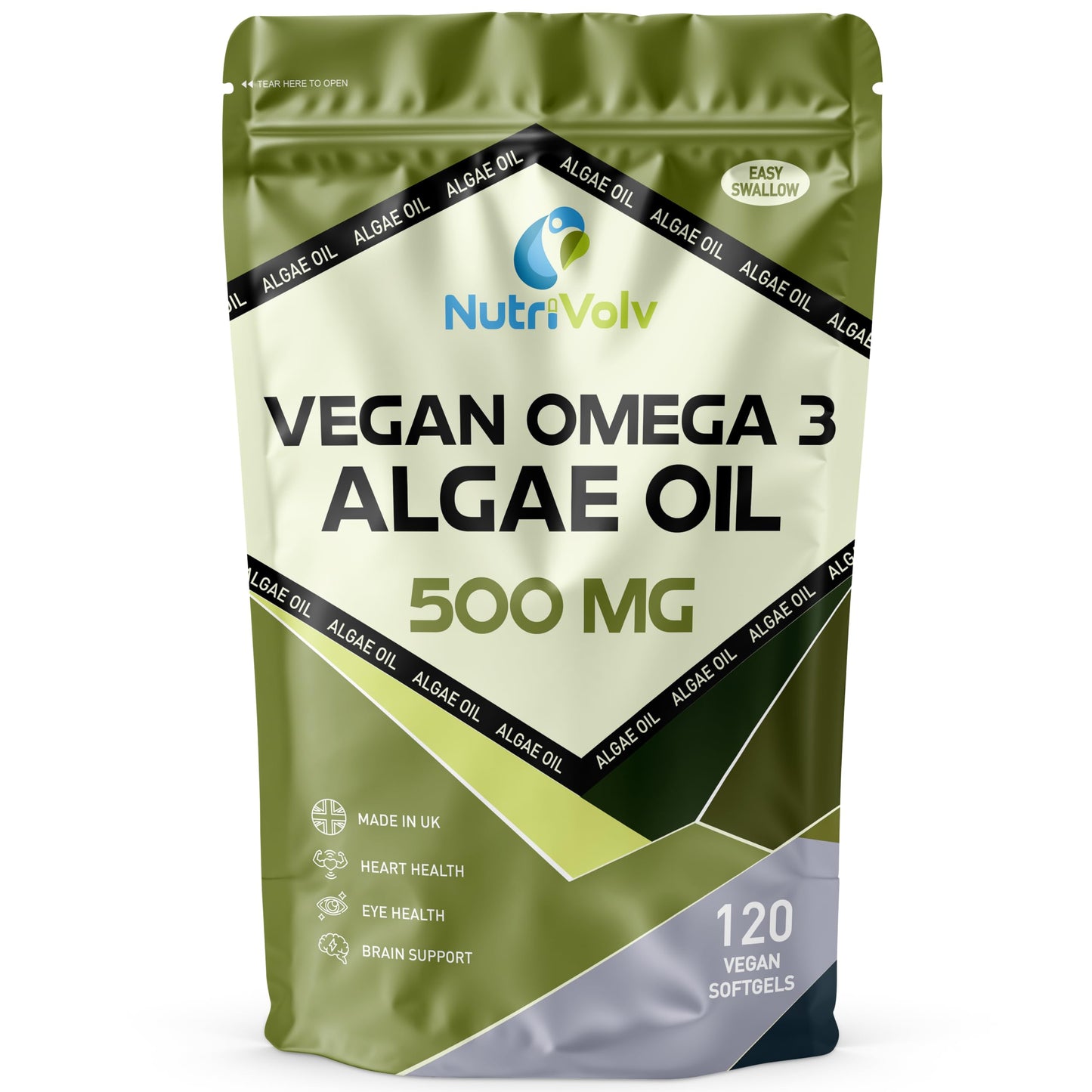 NutriVolv Vegan Omega 3 Algae Oil 500mg | 120 Vegan Softgels | DHA 200mg & EPA 100mg | Vegan Alternative to Omega 3 Fish Oil | Supports Eye, Brain & Heart Health | Essential Fatty Acid