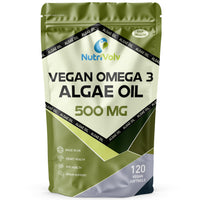 NutriVolv Vegan Omega 3 Algae Oil 500mg | 120 Vegan Softgels | DHA 200mg & EPA 100mg | Vegan Alternative to Omega 3 Fish Oil | Supports Eye, Brain & Heart Health | Essential Fatty Acid