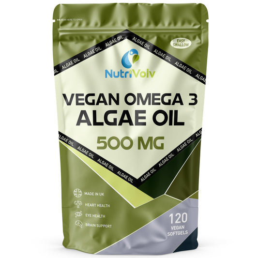 NutriVolv Vegan Omega 3 Algae Oil 500mg | 120 Vegan Softgels | DHA 200mg & EPA 100mg | Vegan Alternative to Omega 3 Fish Oil | Supports Eye, Brain & Heart Health | Essential Fatty Acid