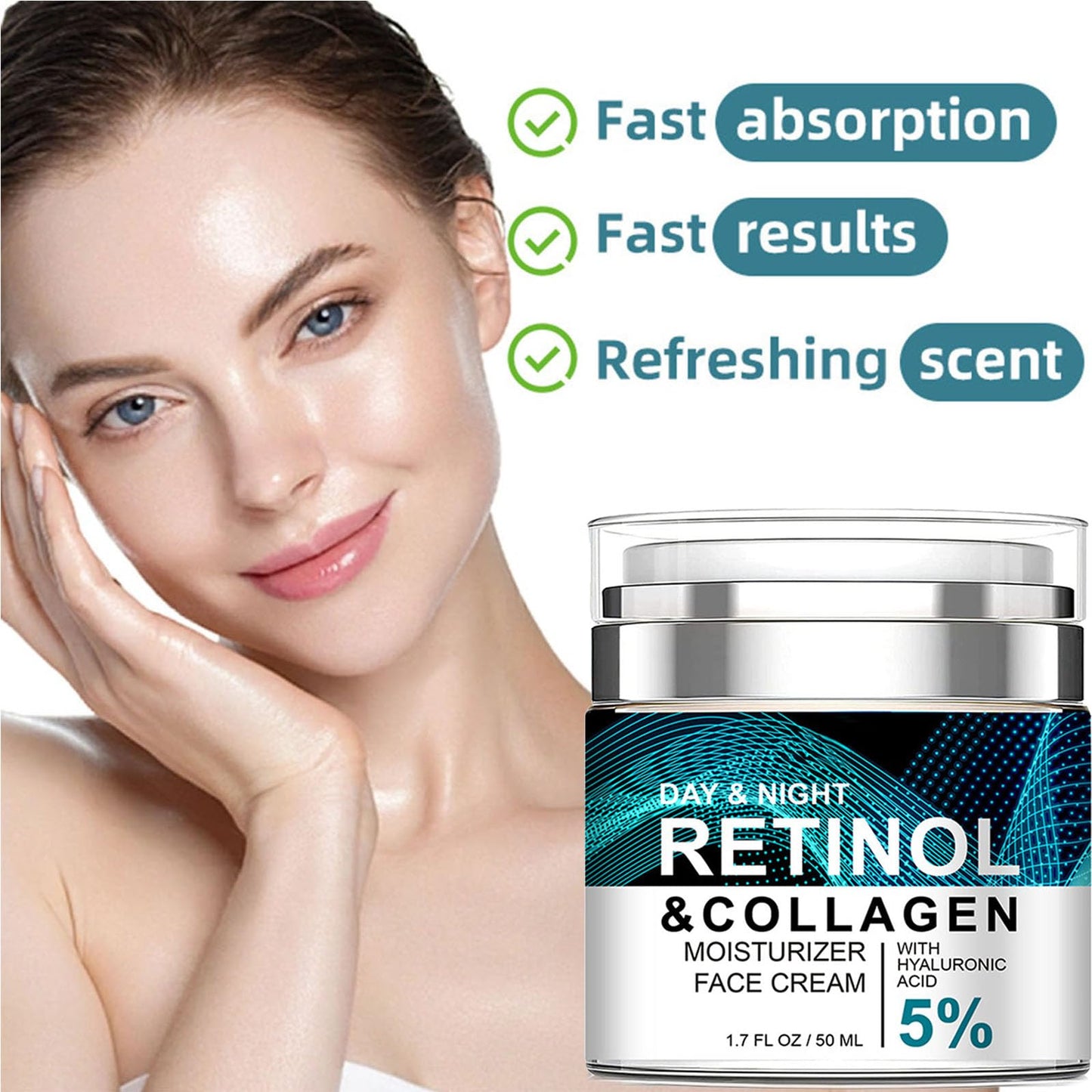 QEUTKEZS Advanced Retinol Collagen Cream for Face with 5% Hyaluronic Acid Anti-Aging Retinol Cream Anti-Wrinkle Reduce Fine Lines Lifting and Firming Cream 24-Hour Facial Care Suitable For Most Skin Types 50ml
