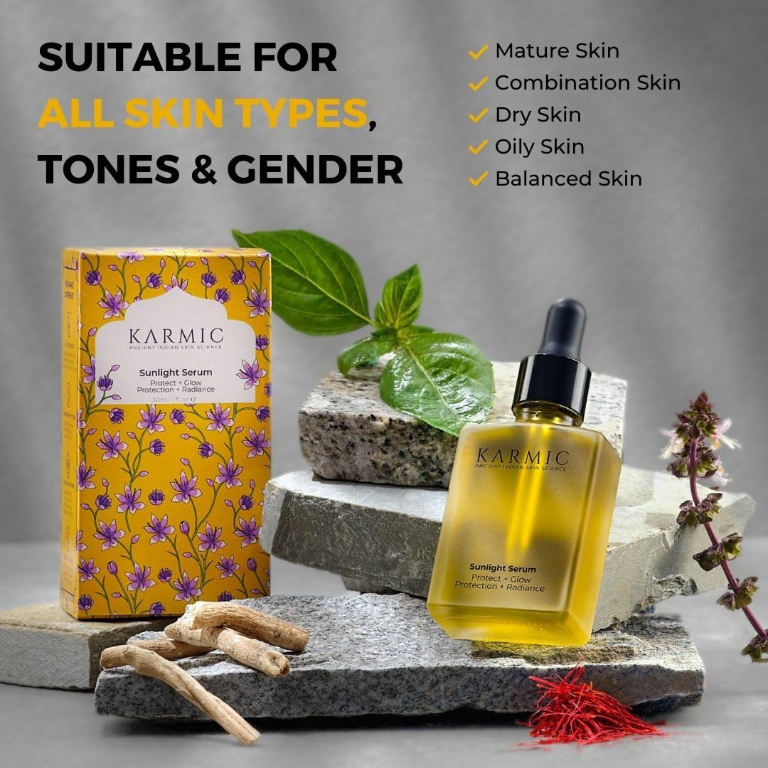 Karmic Skin Brightening Vitamin C Face Serum: With Saffron & Vit. E | Hydrate & Reveal Bright Glowing Skin | Correct Dark Spots | Treat Hyperpigmentation | Organic Facial Oil Skin Care | Women & Men