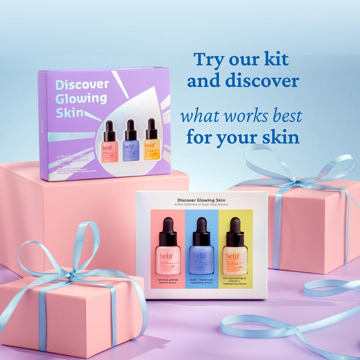 belif Super drops - discover glowing skin mini kit | Travel size, gift set, hyaluronic hydrating serum, peptide firming serum, vitamin C brightening serum, Korean skincare, Korean beauty (6ml x 3)
