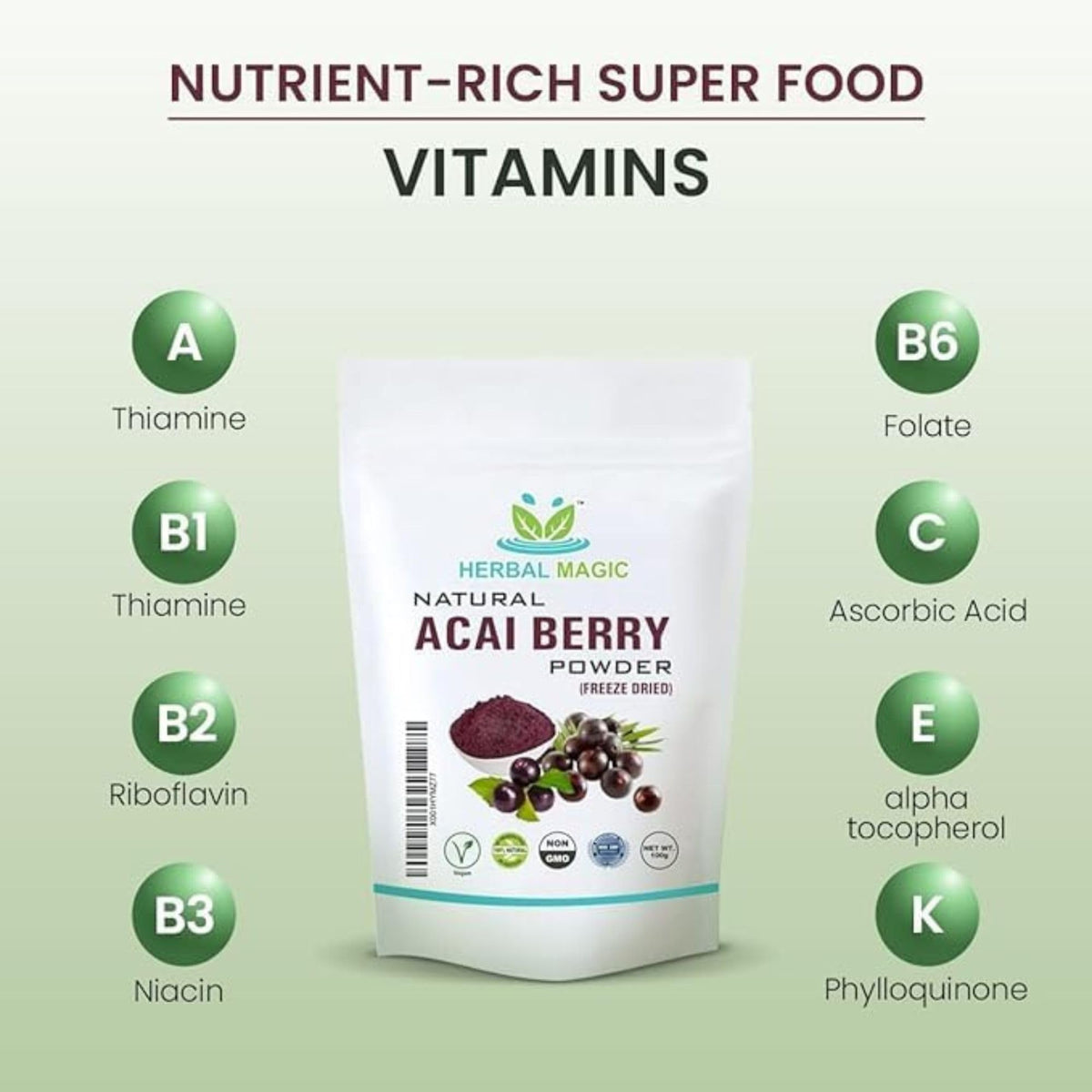 Herbal Magic's Freeze Dried Acai Berry Powder - Wild-harvested - Delicious Smoothies, Puddings and Dessert- Free from Fillers & Preservatives-100g (Pack of 1)