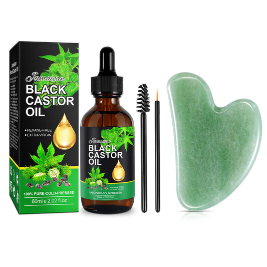 HXTMKT Jamaican Black Castor Oil Pack, Organic Castor Oil with Gua Sha Tool for Face Body Massage, Cold-Pressed Castor Body Oil Moisturize Skin Stimulate Hair Regrowth, Therapeutic Grade Massage Oil Kit 60ml