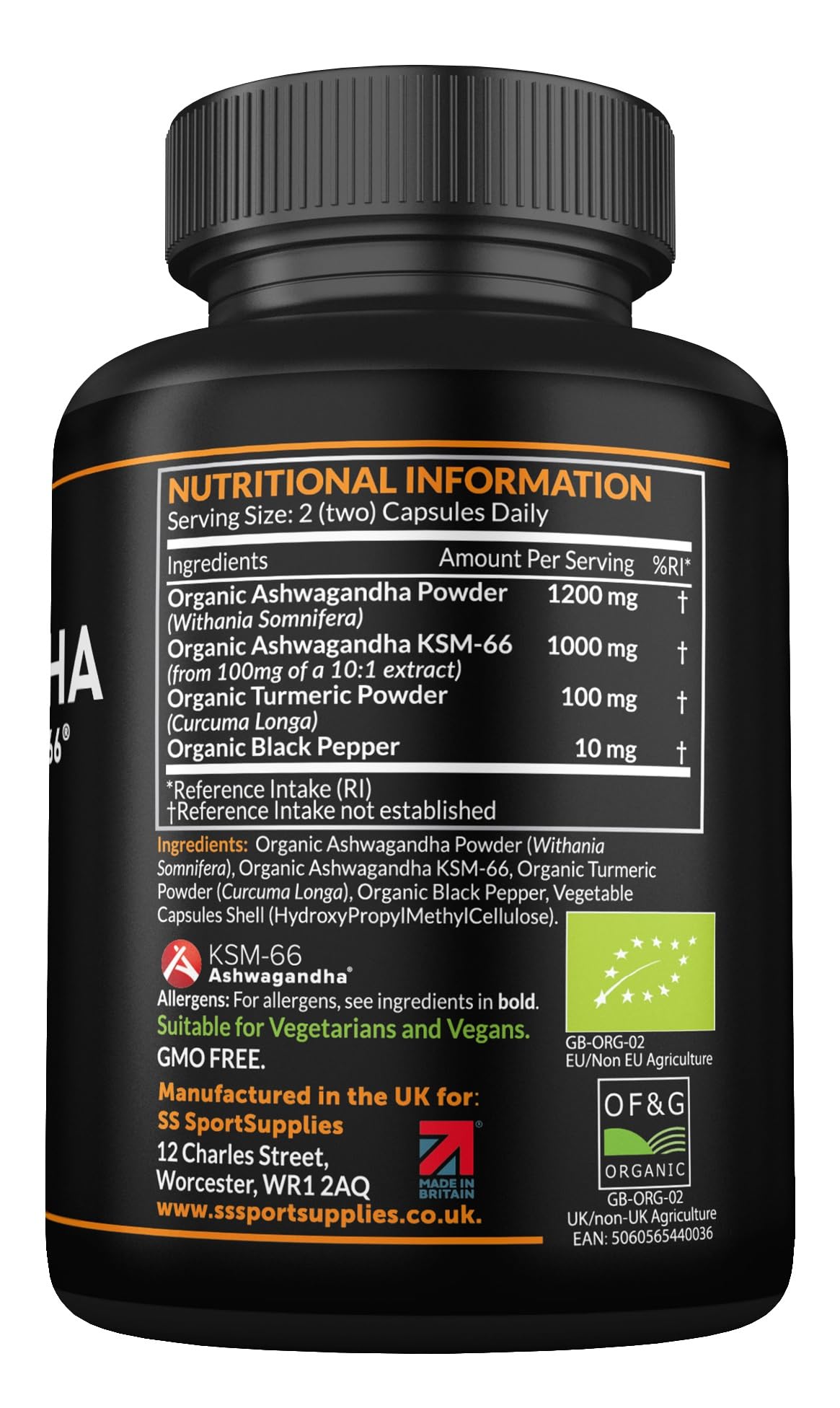 SS Sport Supplies Organic Ashwagandha Capsules 1200mg - Boosted with 1000mg of Organic KSM-66 with 5% Withanolides (from 100mg Extract Ratio 10:1) - Added Turmeric 100mg and Black Pepper - UK Manufactured