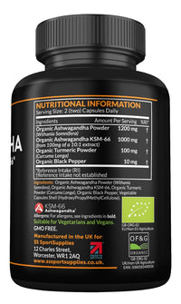 SS Sport Supplies Organic Ashwagandha Capsules 1200mg - Boosted with 1000mg of Organic KSM-66 with 5% Withanolides (from 100mg Extract Ratio 10:1) - Added Turmeric 100mg and Black Pepper - UK Manufactured