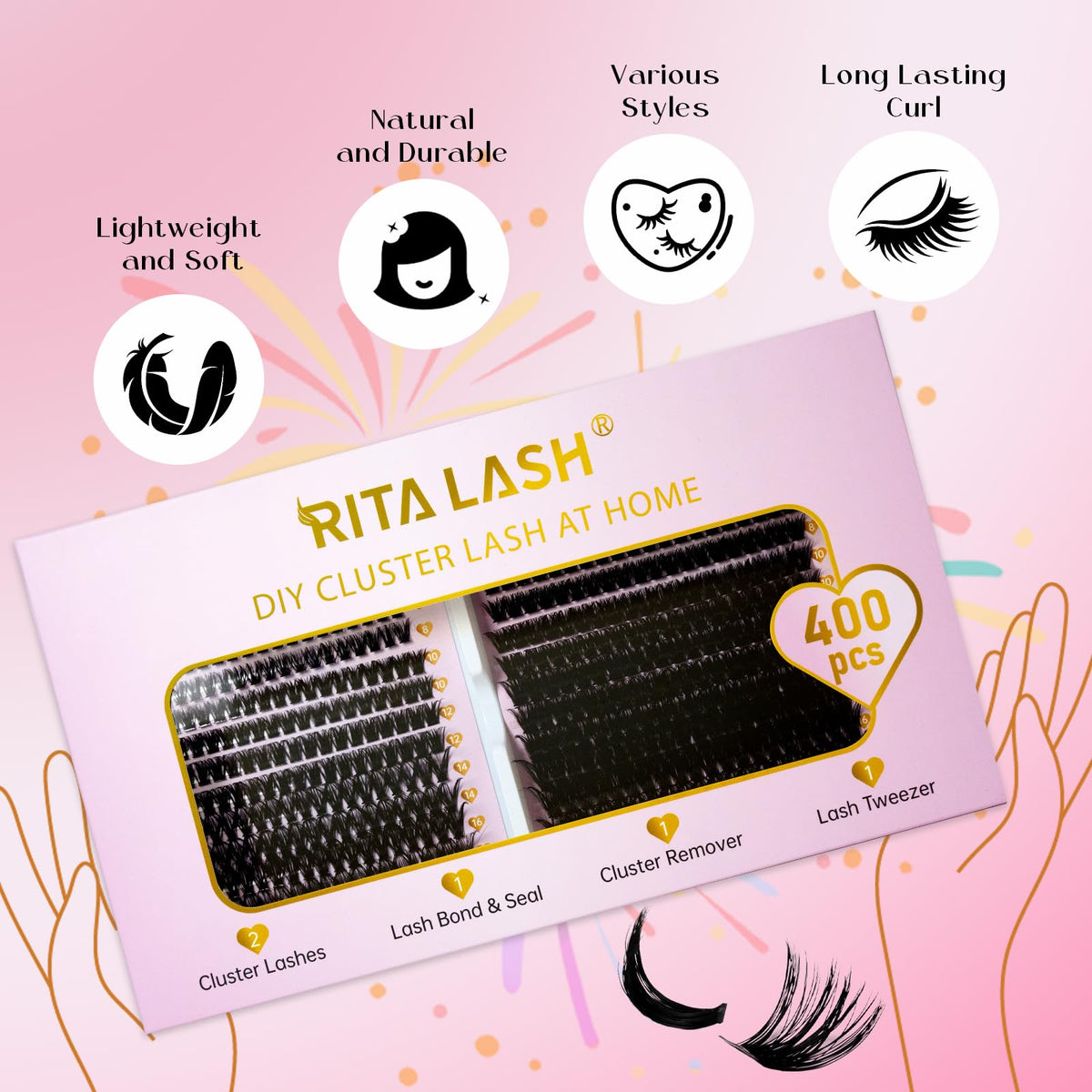 RITALASH Lash Extension Kit 400Pcs,DIY Lash Clusters Kit 8-16mm Cluster Lashes Fluffy Eyelash Clusters Lash Bond And Seal,Lash Remover,Tweezers For Clusters Eyelash Extensions(60D+100D Cluster Kit)
